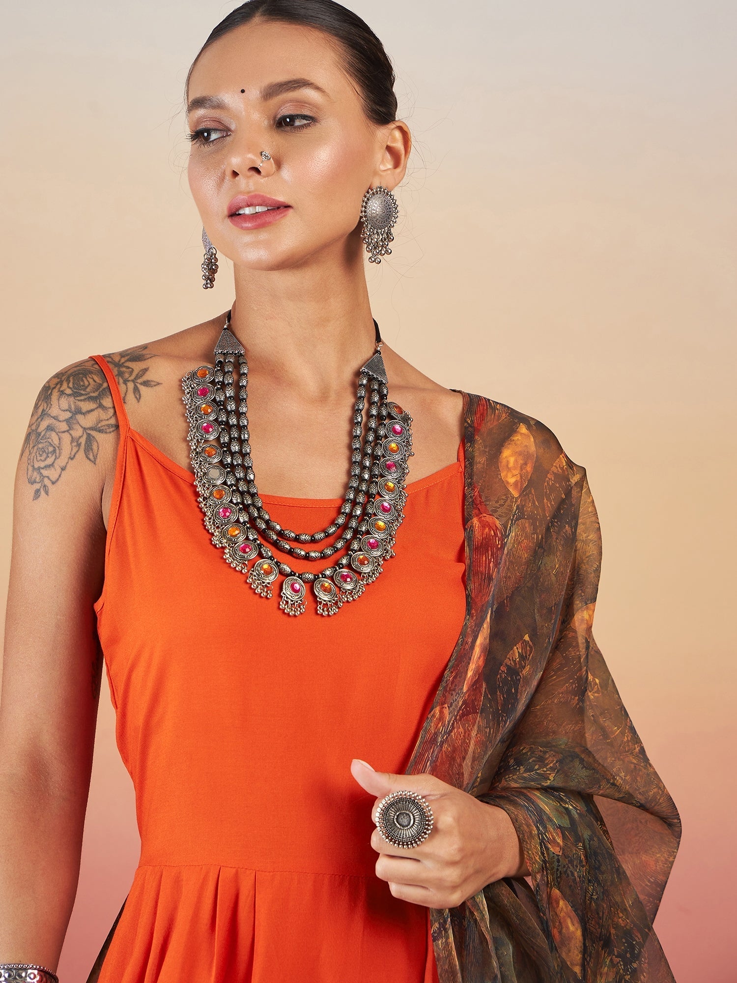 InWeave Orange Strappy W Dark Brown Leaf Print Or Dupatta Set - Swadesiicart