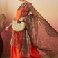 InWeave Orange Strappy W Dark Brown Leaf Print Or Dupatta Set - Swadesiicart