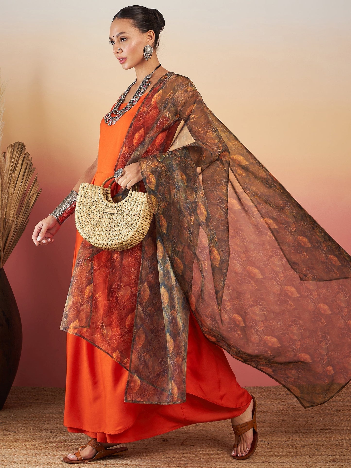 InWeave Orange Strappy W Dark Brown Leaf Print Or Dupatta Set - Swadesiicart