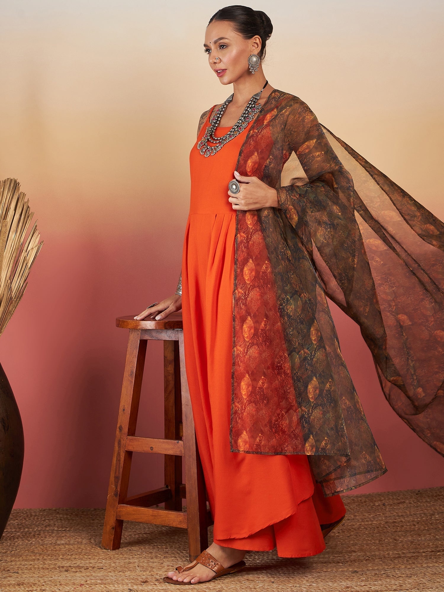 InWeave Orange Strappy W Dark Brown Leaf Print Or Dupatta Set - Swadesiicart