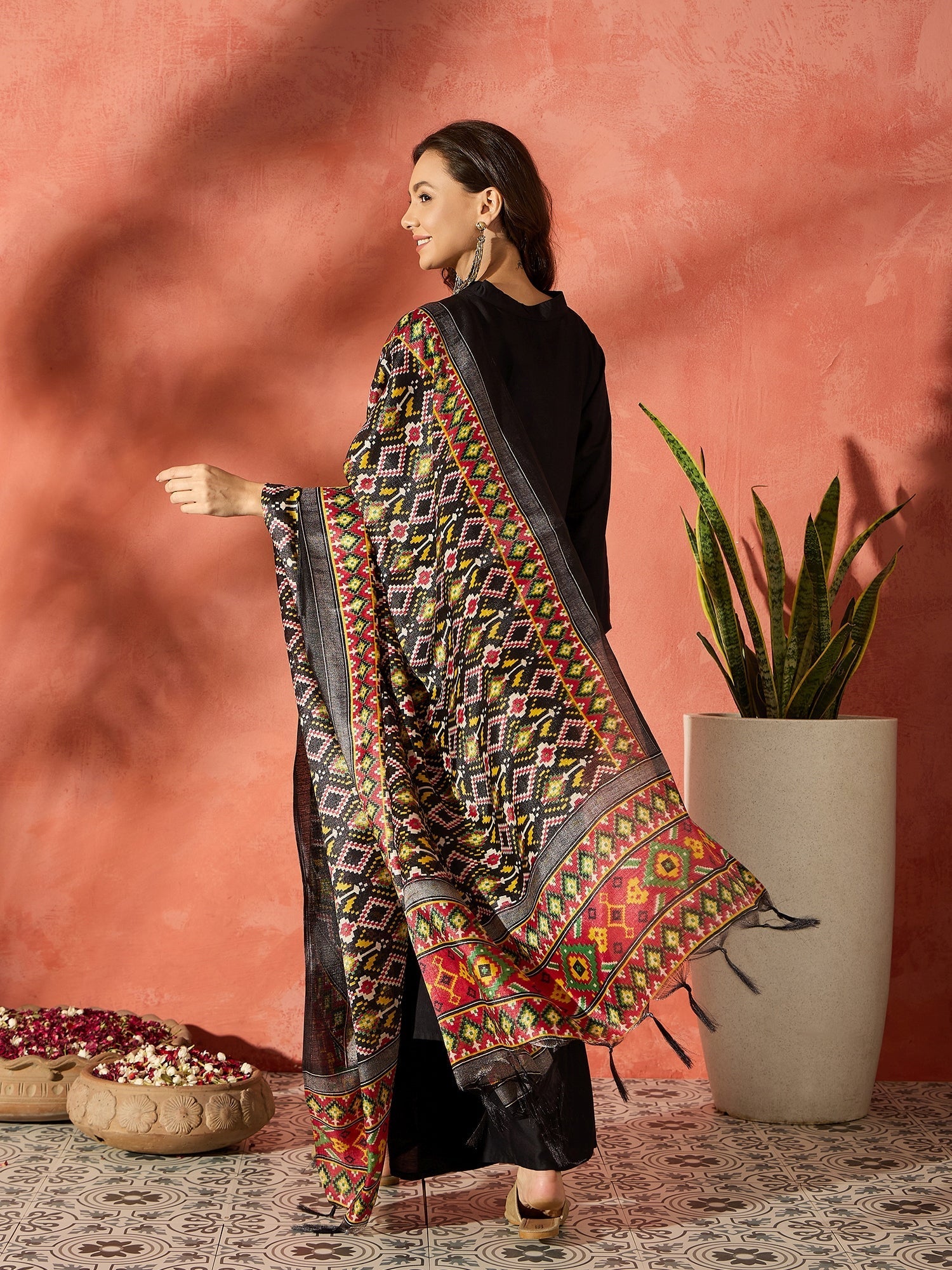 InWeave Black Mandarin Patola Kurta Set - Swadesiicart