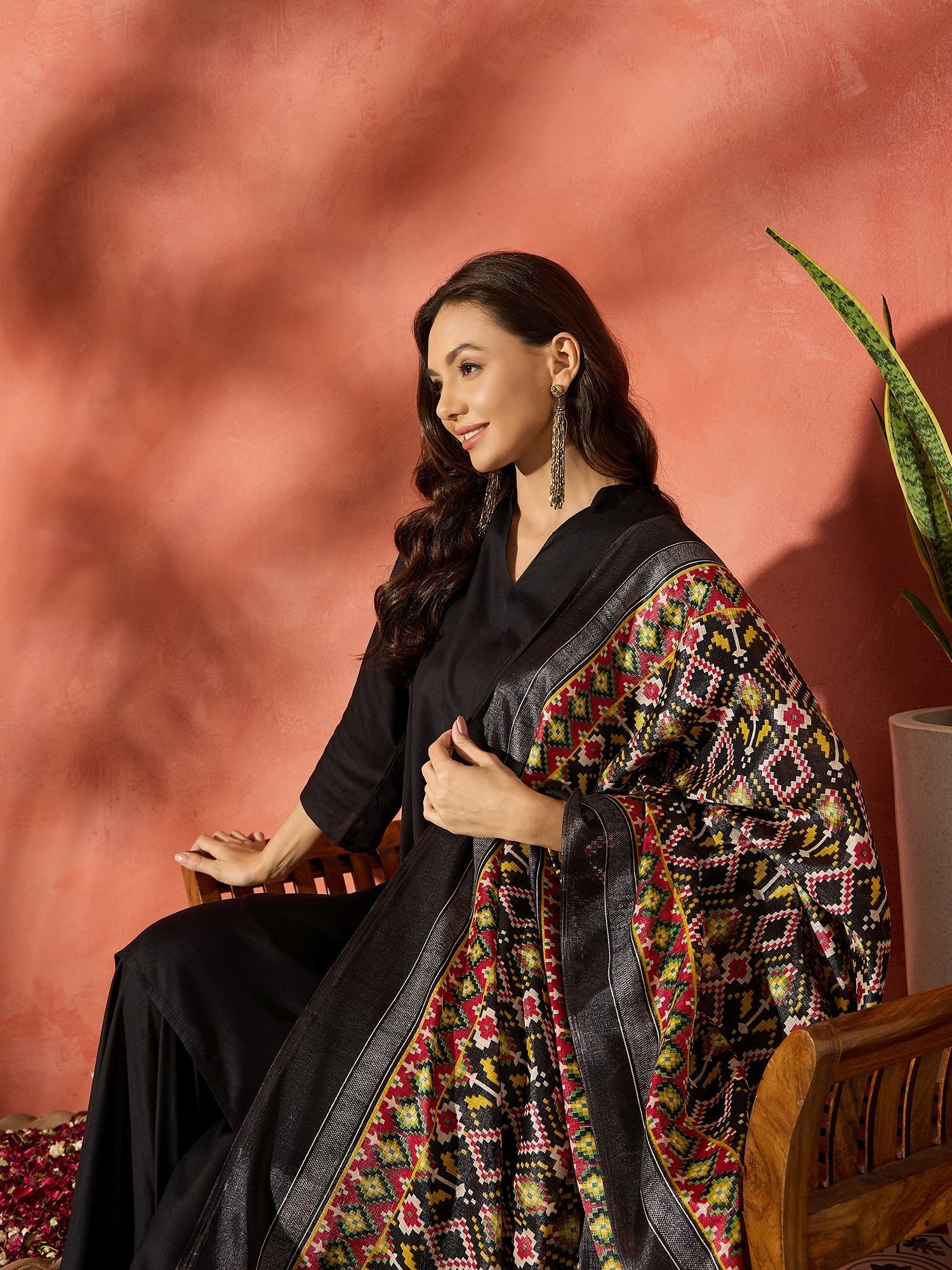 InWeave Black Mandarin Patola Kurta Set - Swadesiicart