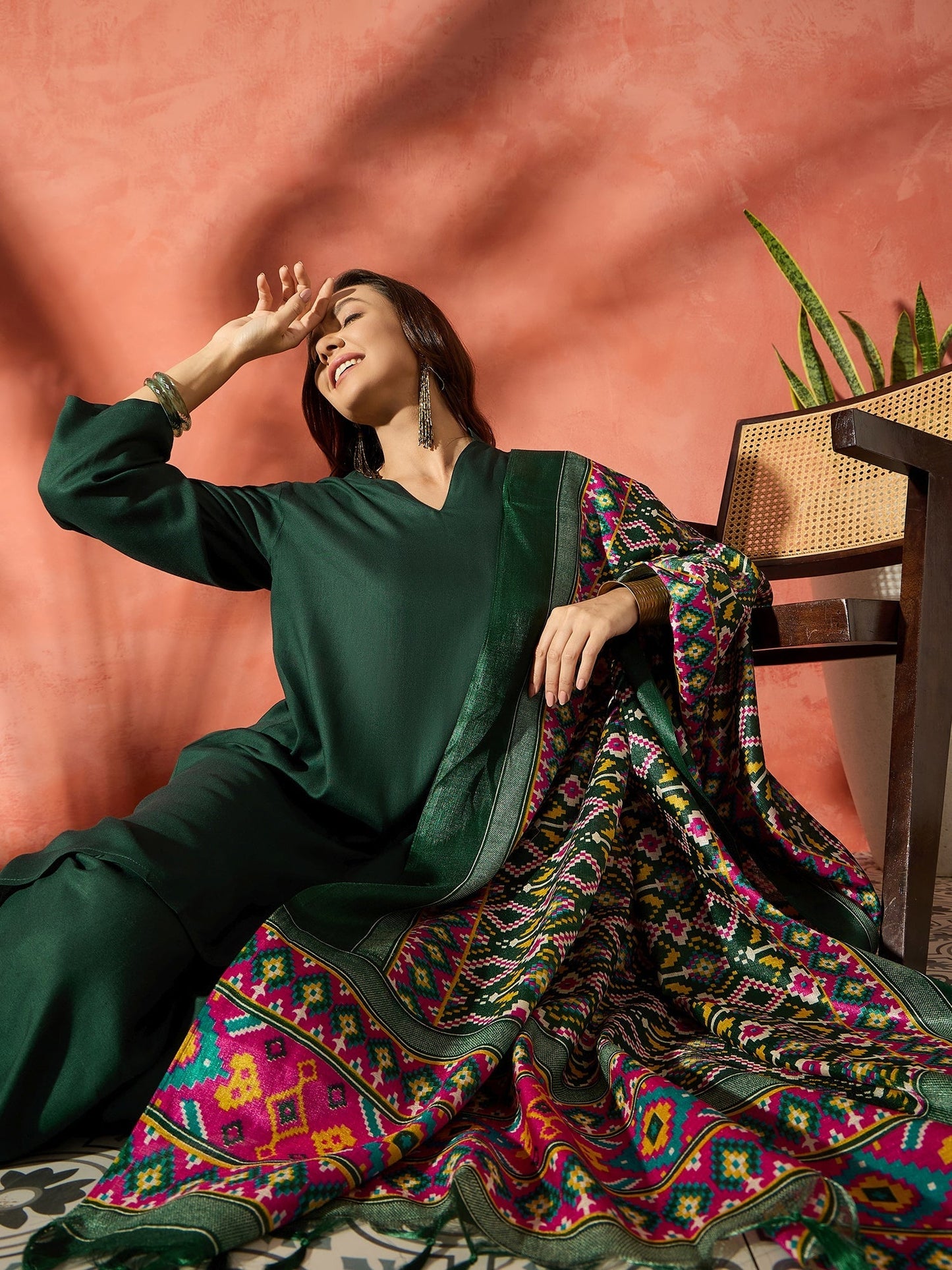 InWeave Dark Green Mandarin Patola Kurta Set - Swadesiicart