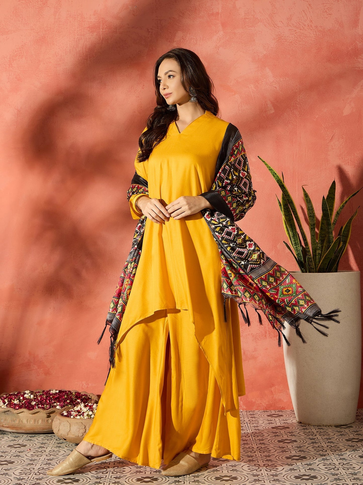 InWeave Mustard Mandarin Patola Kurta Set - Swadesiicart