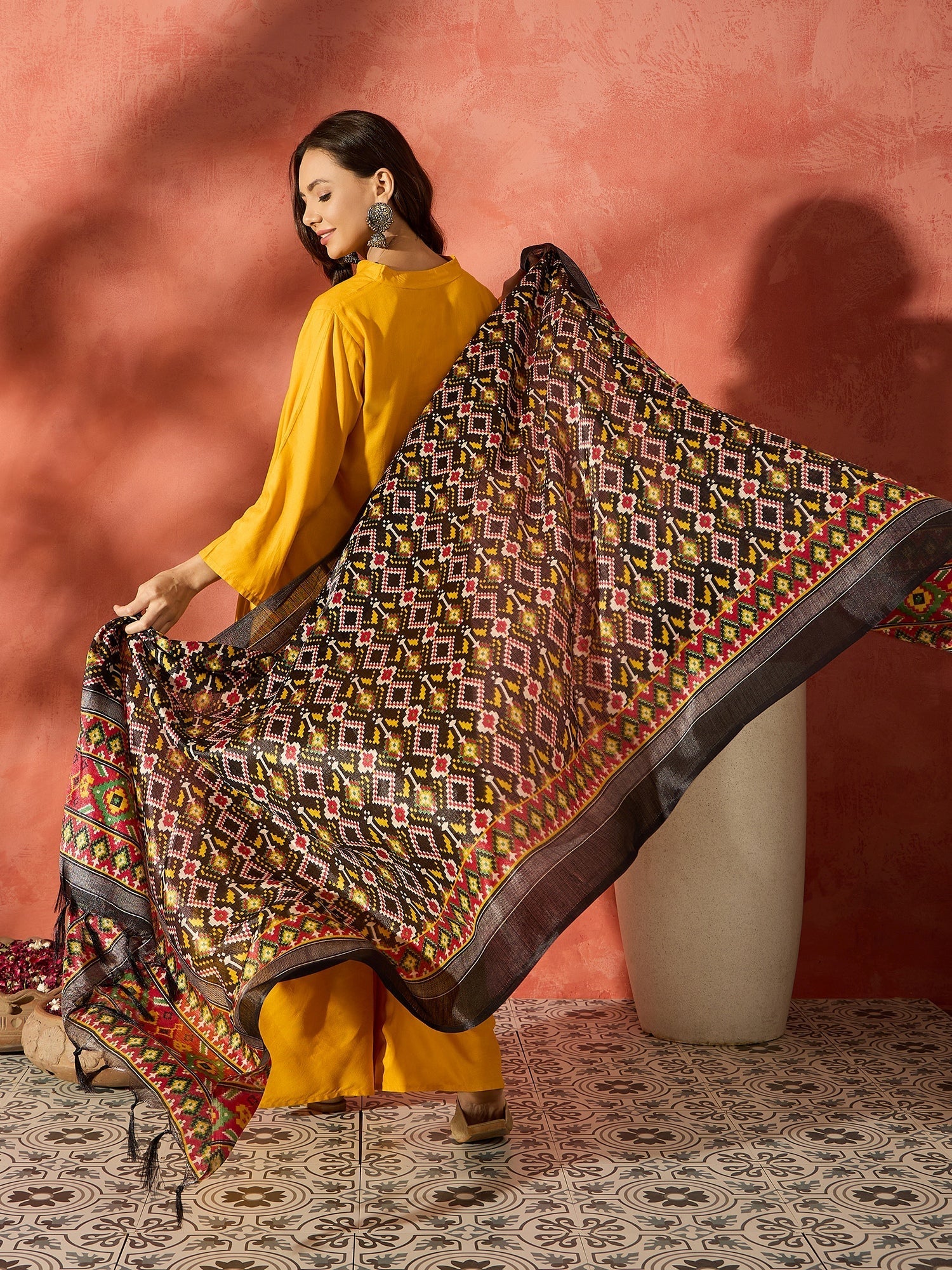 InWeave Mustard Mandarin Patola Kurta Set - Swadesiicart