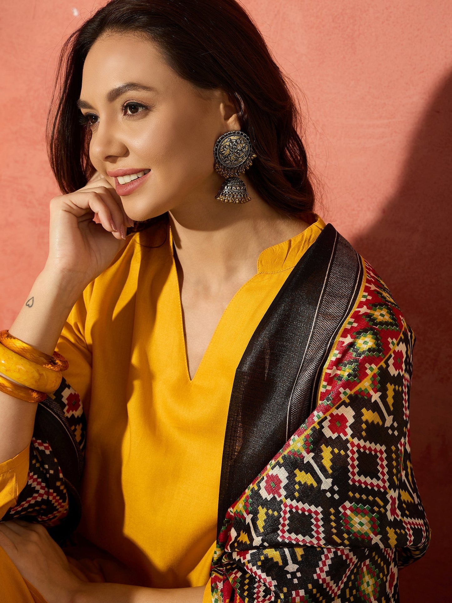 InWeave Mustard Mandarin Patola Kurta Set - Swadesiicart