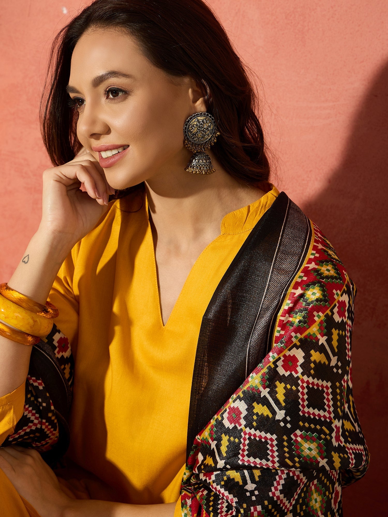 InWeave Mustard Mandarin Patola Kurta Set - Swadesiicart