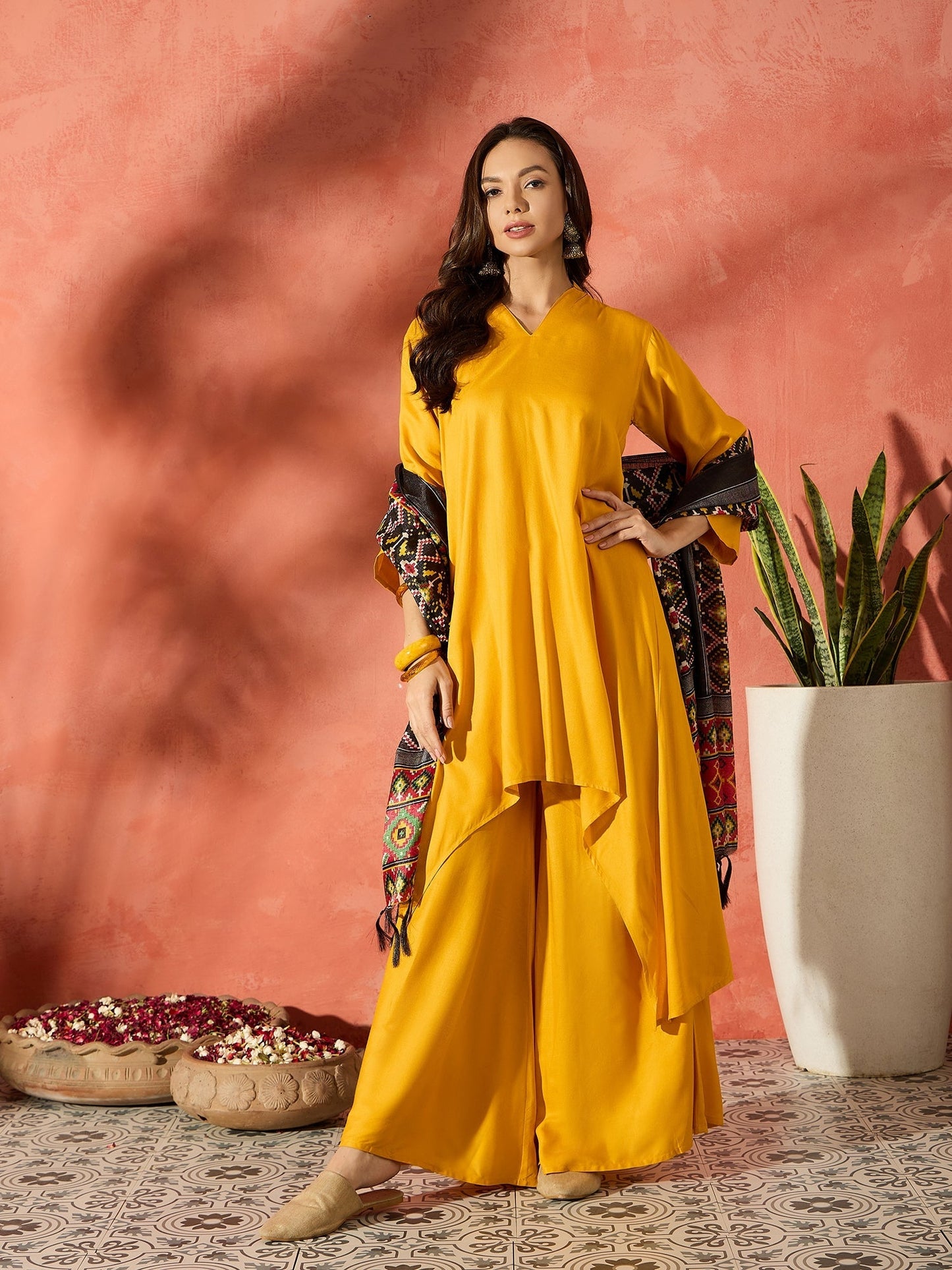 InWeave Mustard Mandarin Patola Kurta Set - Swadesiicart