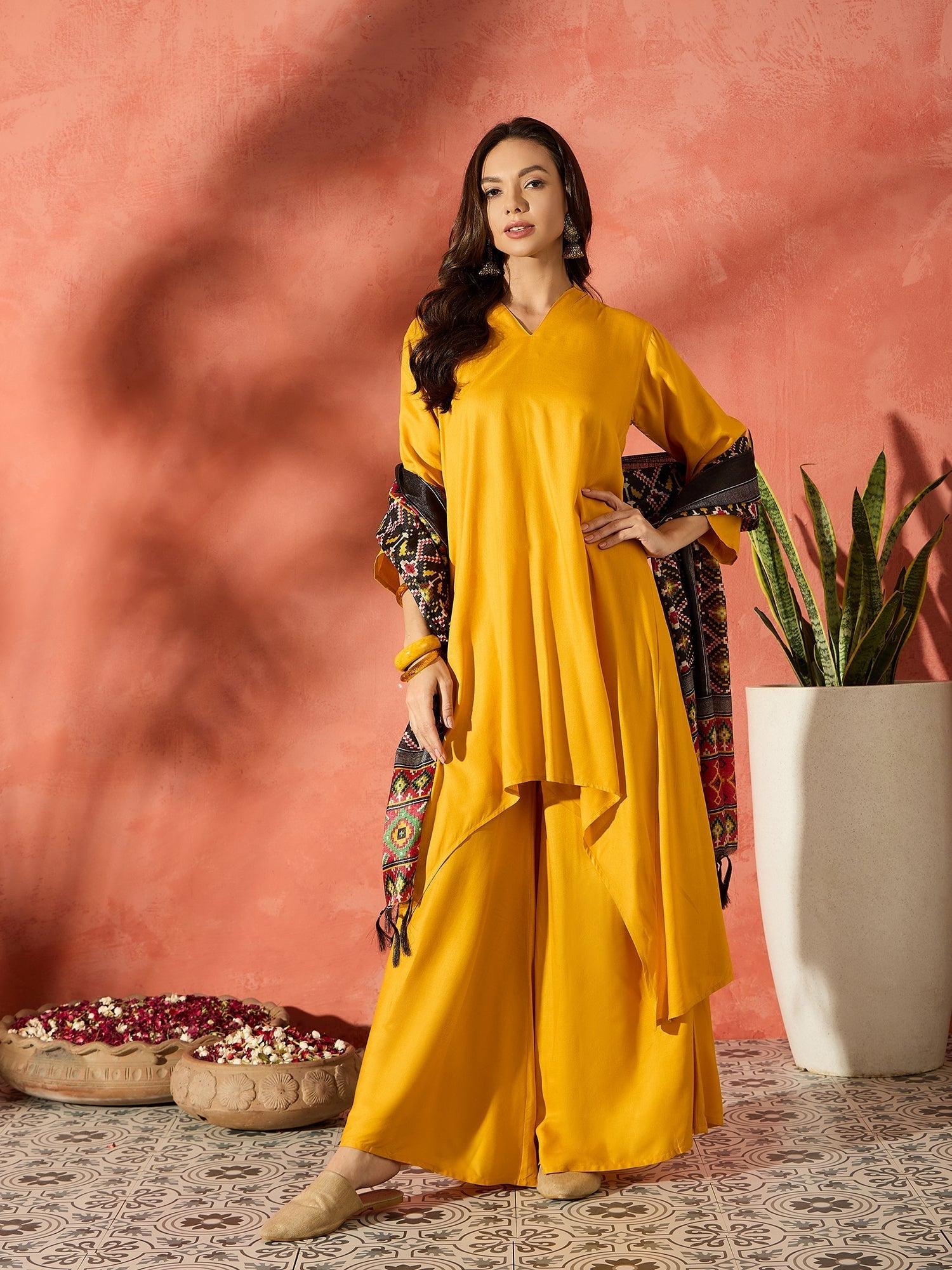 InWeave Mustard Mandarin Patola Kurta Set - Swadesiicart