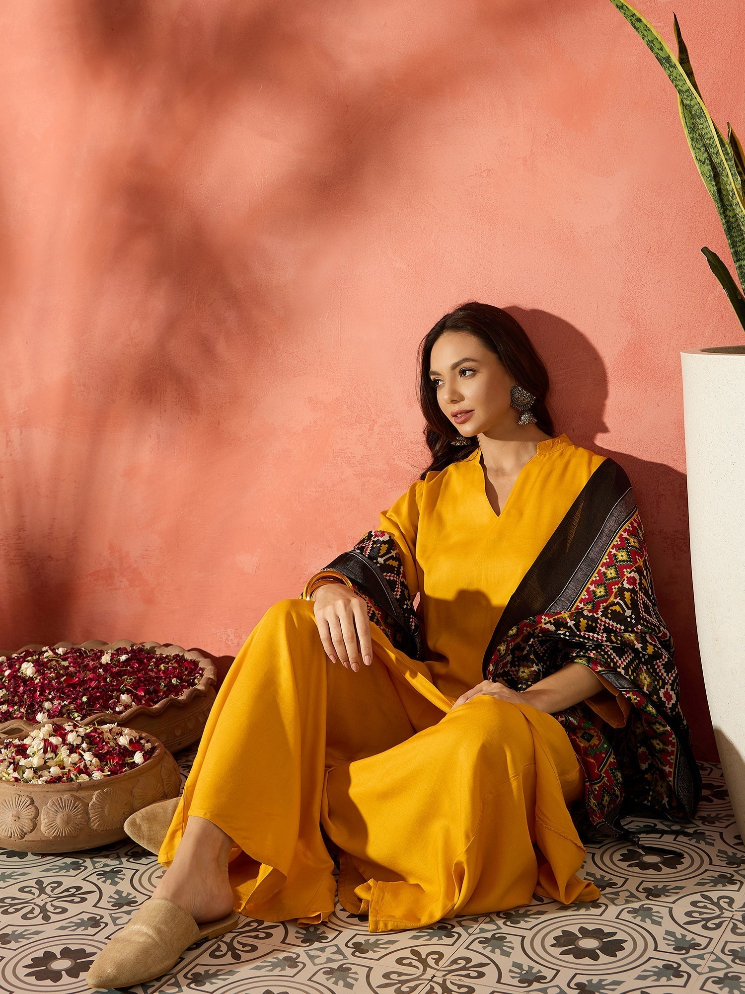 InWeave Mustard Mandarin Patola Kurta Set - Swadesiicart