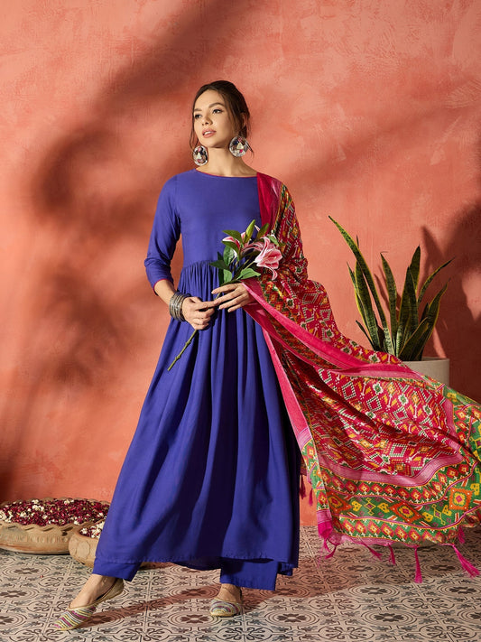 InWeave Ink Blue Anarkali Patola Kurta Set - Swadesiicart