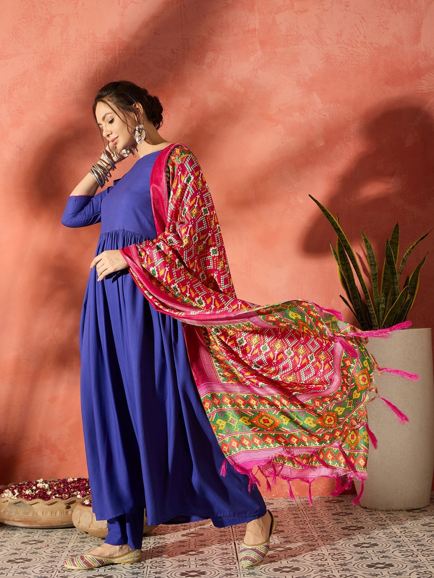 InWeave Ink Blue Anarkali Patola Kurta Set - Swadesiicart
