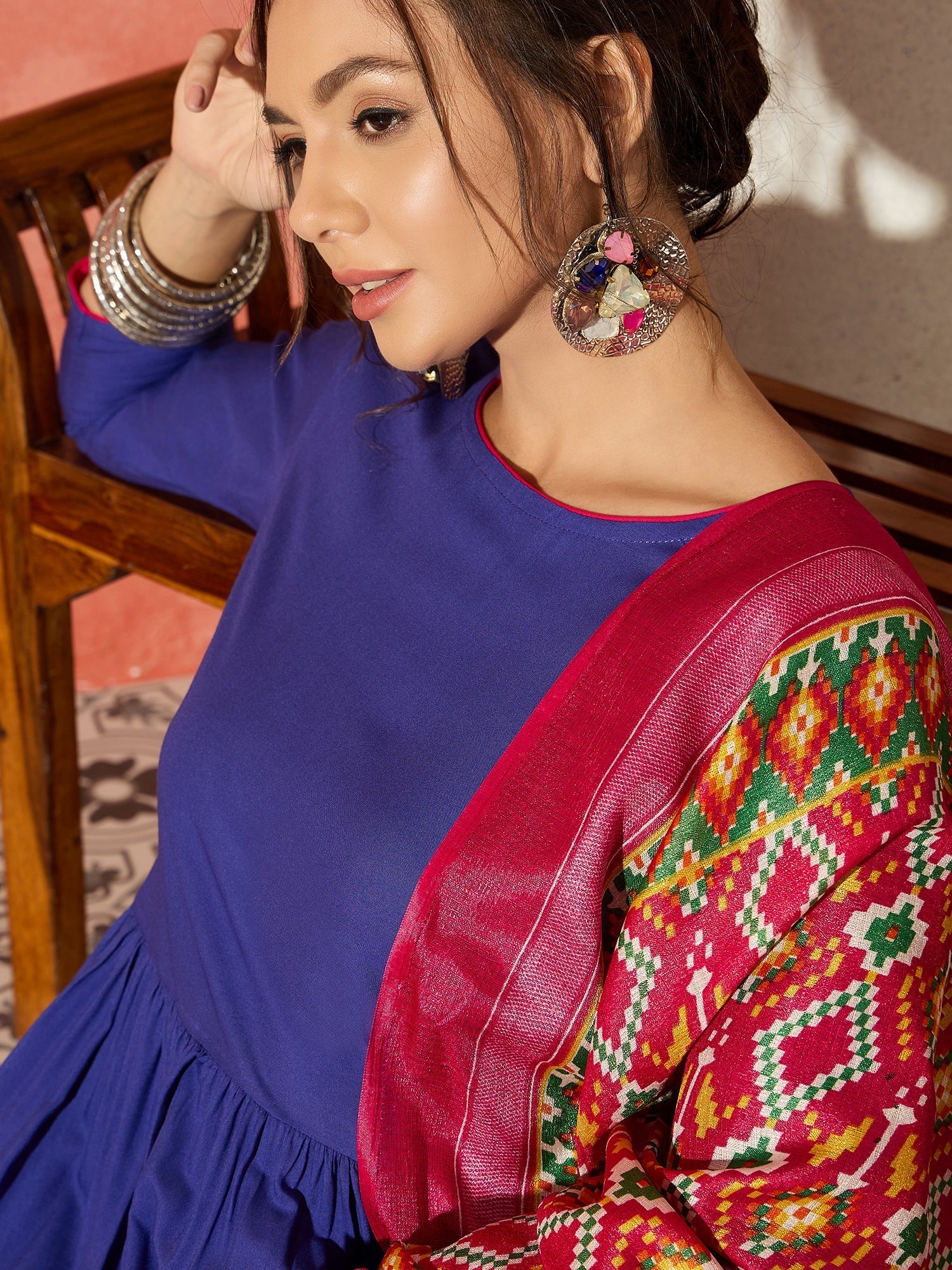 InWeave Ink Blue Anarkali Patola Kurta Set - Swadesiicart