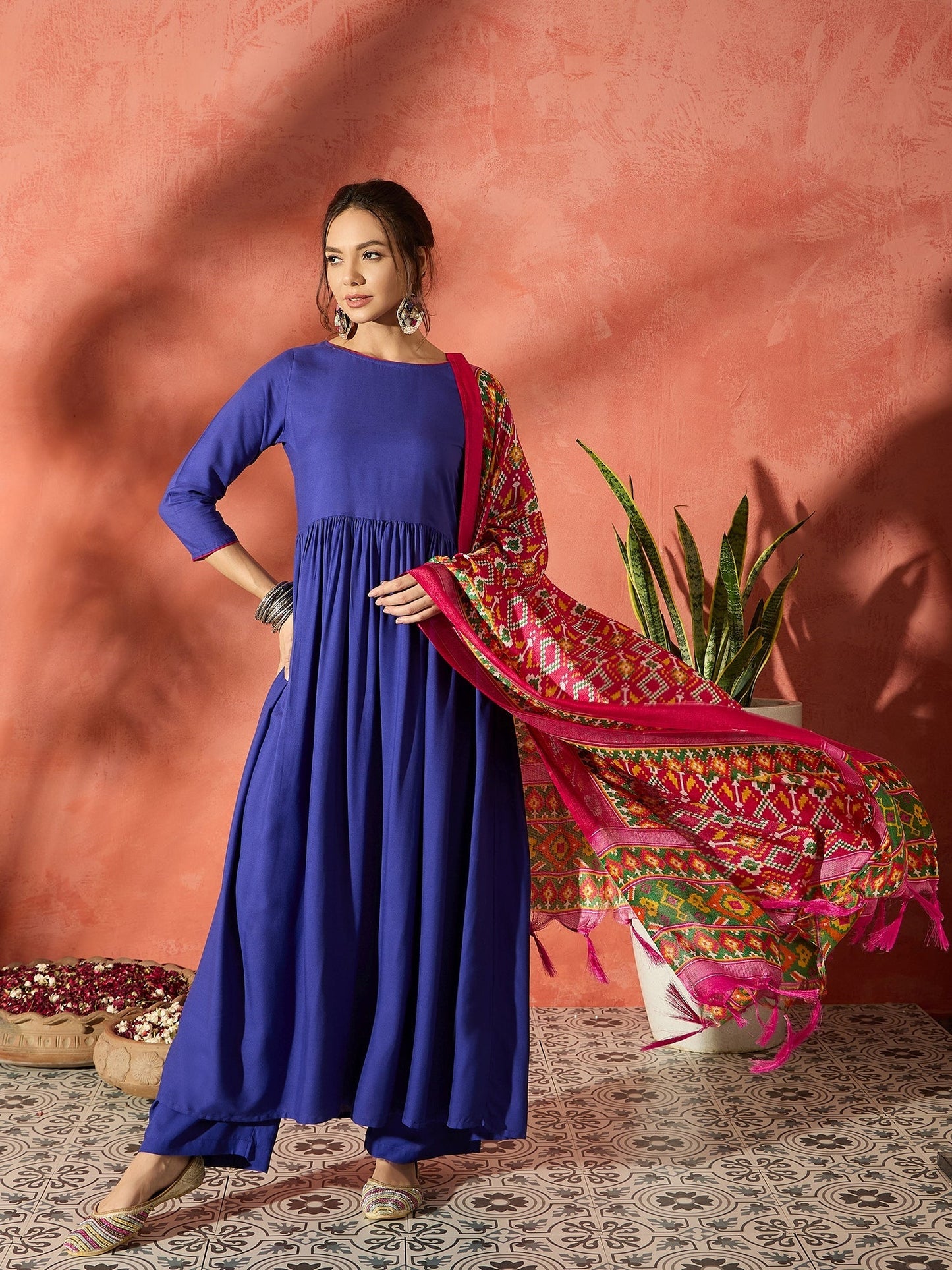 InWeave Ink Blue Anarkali Patola Kurta Set - Swadesiicart