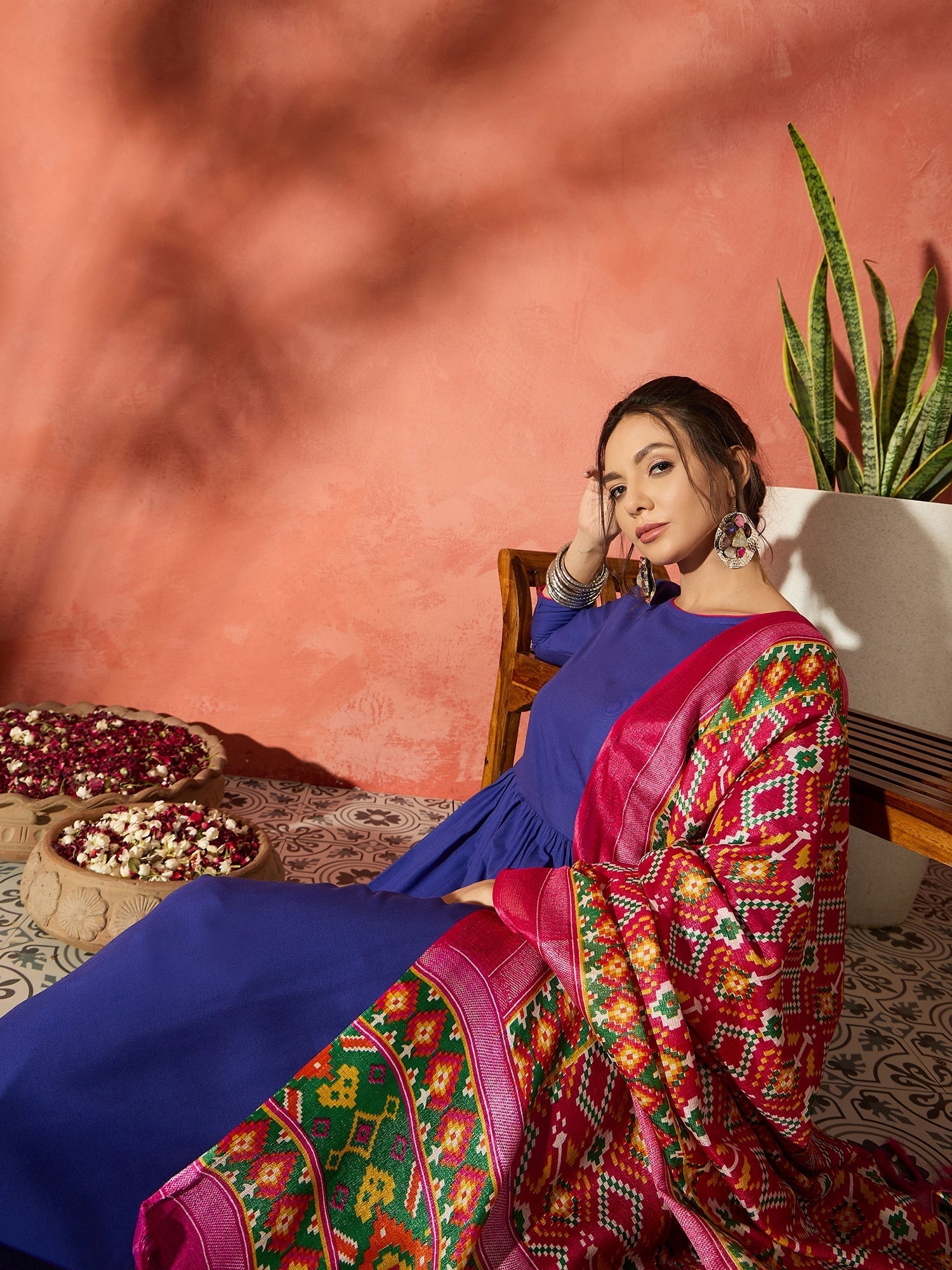 InWeave Ink Blue Anarkali Patola Kurta Set - Swadesiicart