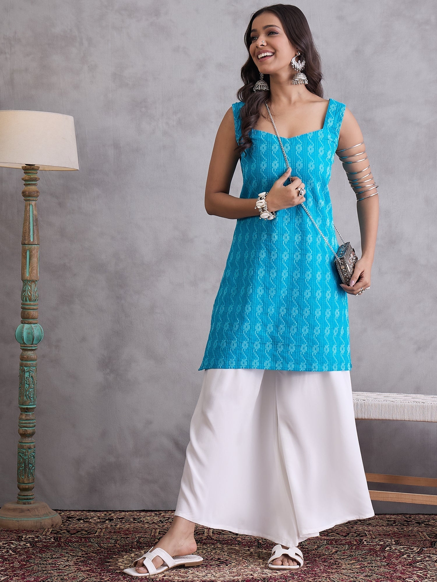 InWeave Cyan Blue Kantha Cream Palazzo Set - Swadesiicart
