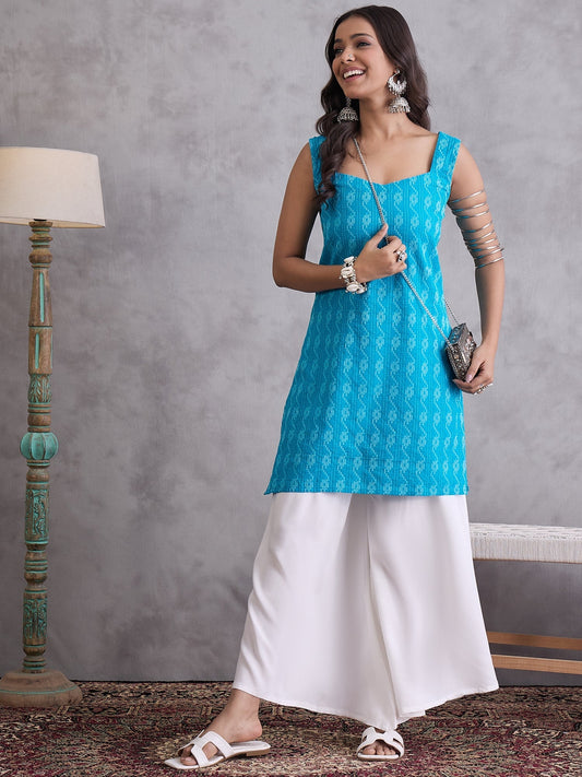 InWeave Cyan Blue Kantha Cream Palazzo Set - Swadesiicart