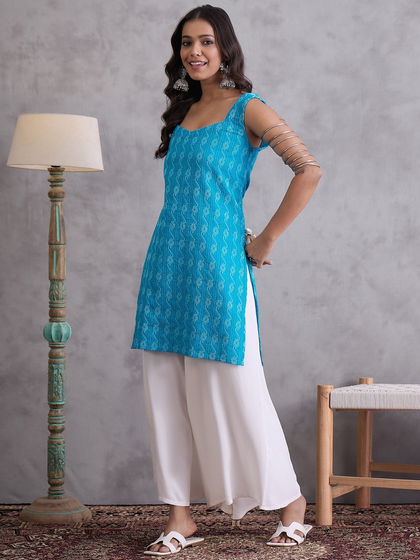 InWeave Cyan Blue Kantha Cream Palazzo Set - Swadesiicart
