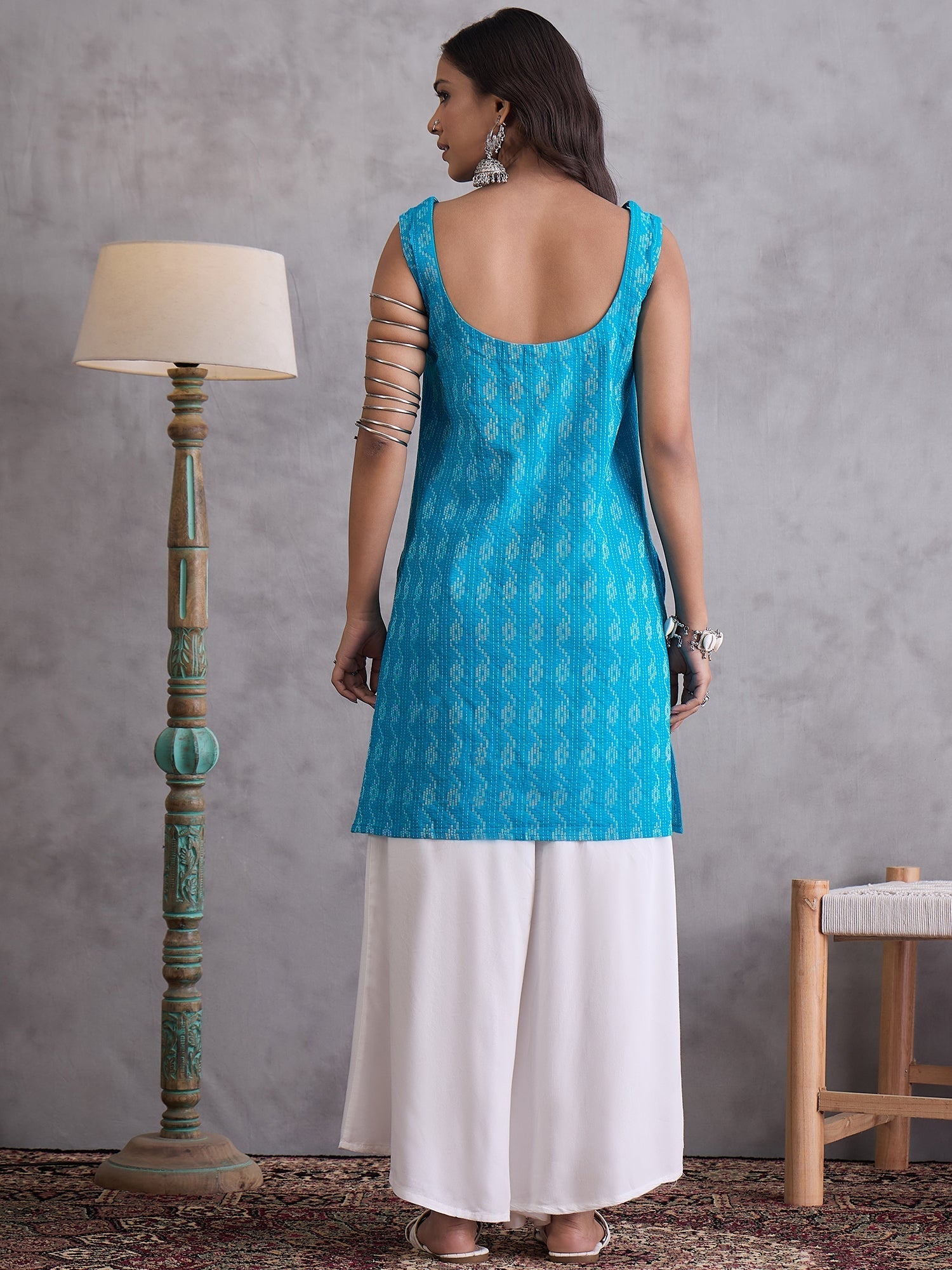 InWeave Cyan Blue Kantha Cream Palazzo Set - Swadesiicart