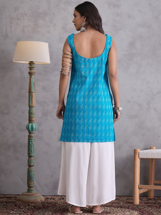 InWeave Cyan Blue Kantha Cream Palazzo Set - Swadesiicart