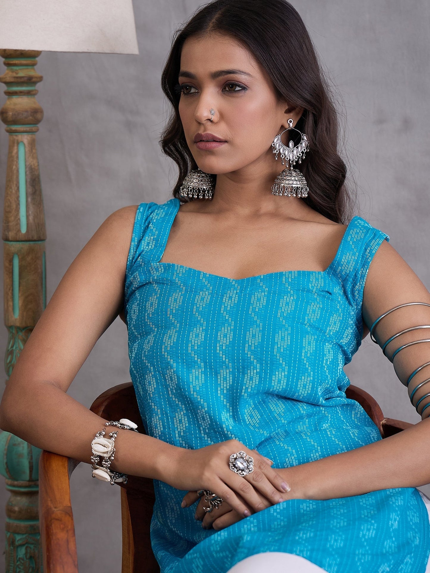 InWeave Cyan Blue Kantha Cream Palazzo Set - Swadesiicart
