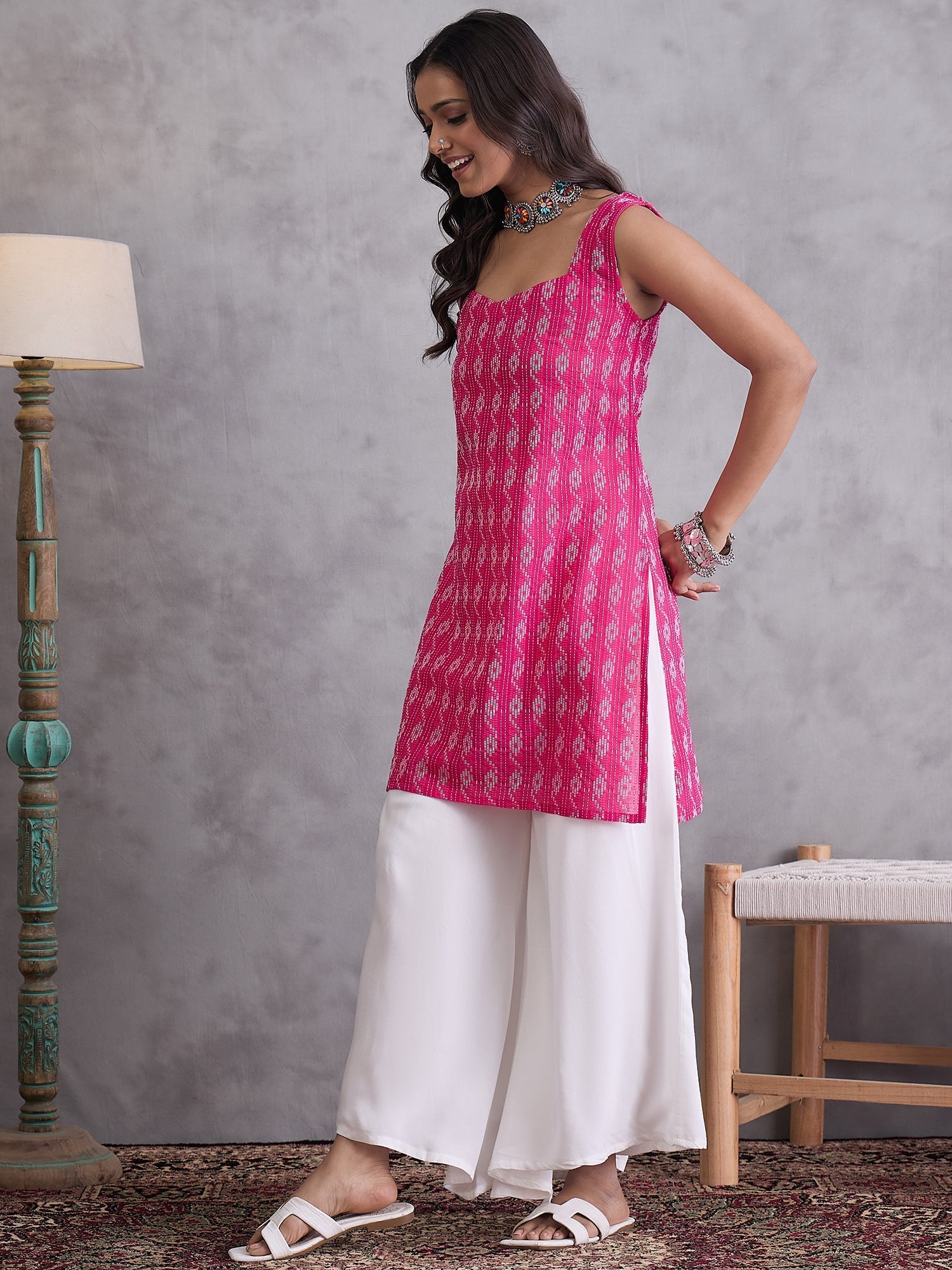 InWeave Fuchsia Kantha Cream Palazzo Set - Swadesiicart