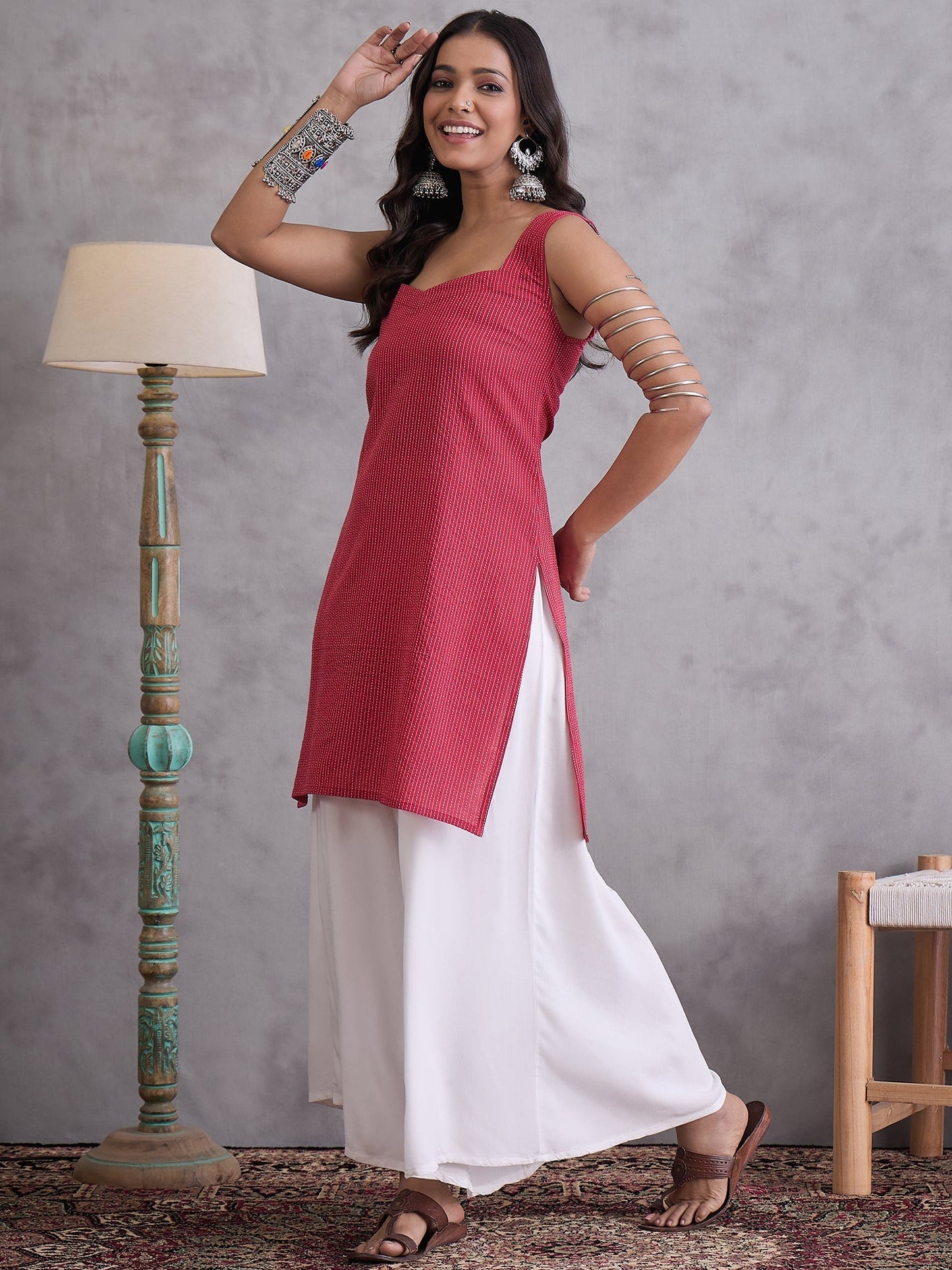 InWeave Maroon Kantha Cream Palazzo Set - Swadesiicart