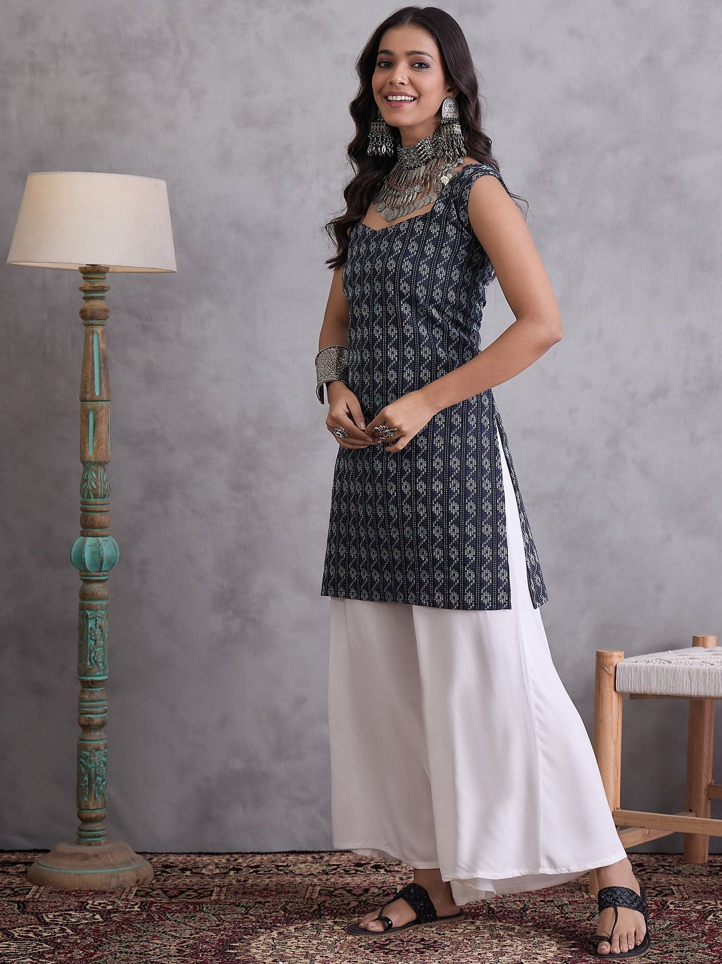 InWeave Black Kantha Cream Palazzo Set - Swadesiicart