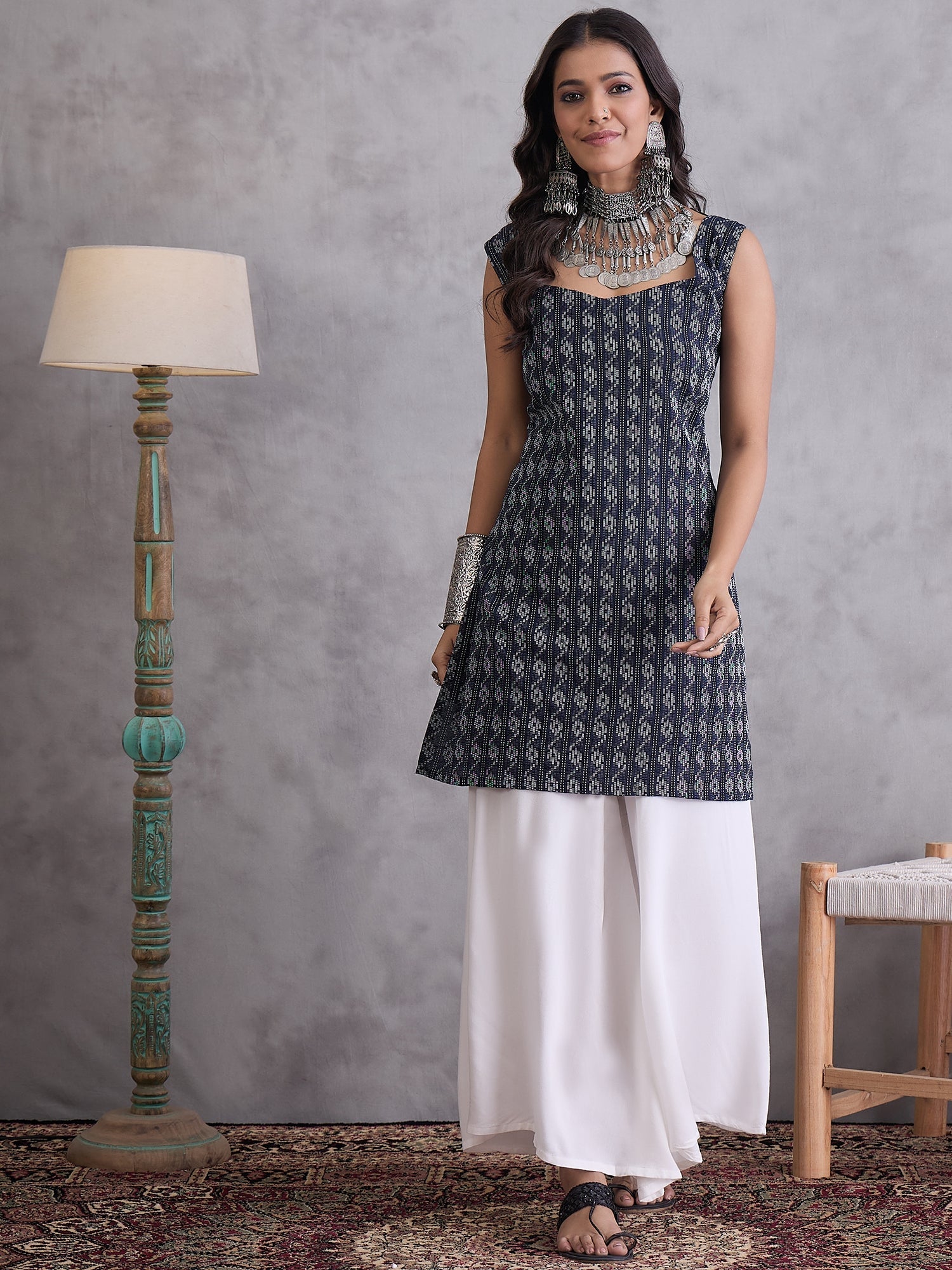 InWeave Black Kantha Cream Palazzo Set - Swadesiicart