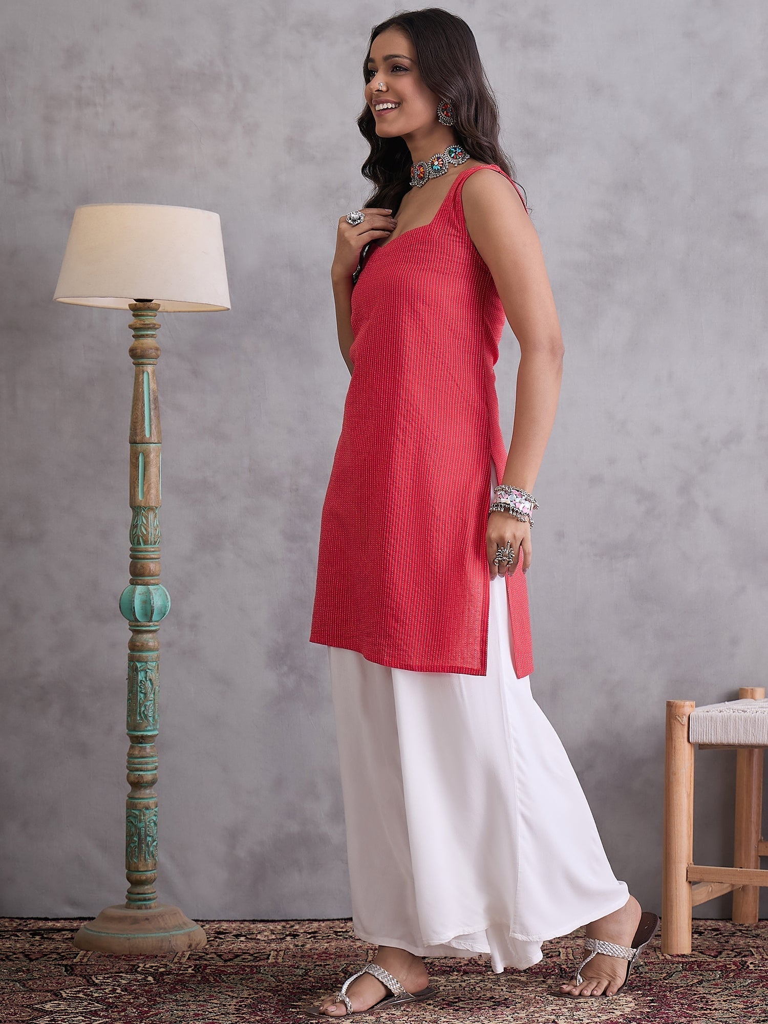 InWeave Red Kantha Cream Palazzo Set - Swadesiicart