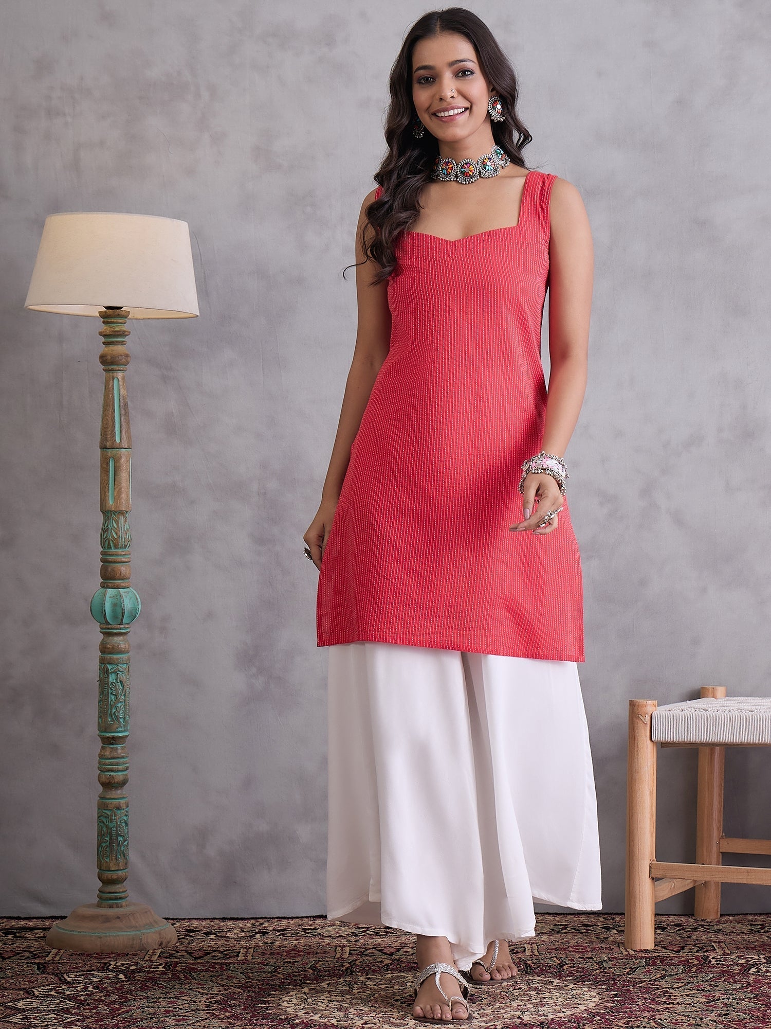 InWeave Red Kantha Cream Palazzo Set - Swadesiicart