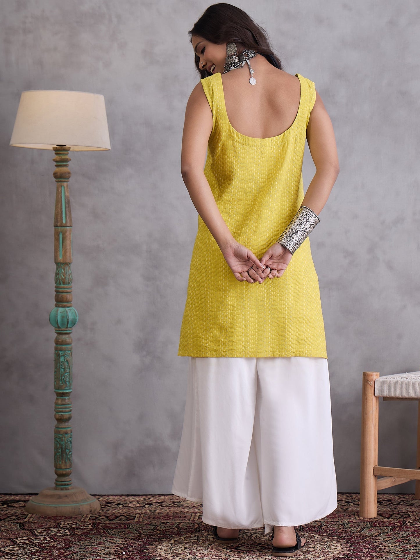 InWeave Yellow Kantha Cream Palazzo Set - Swadesiicart