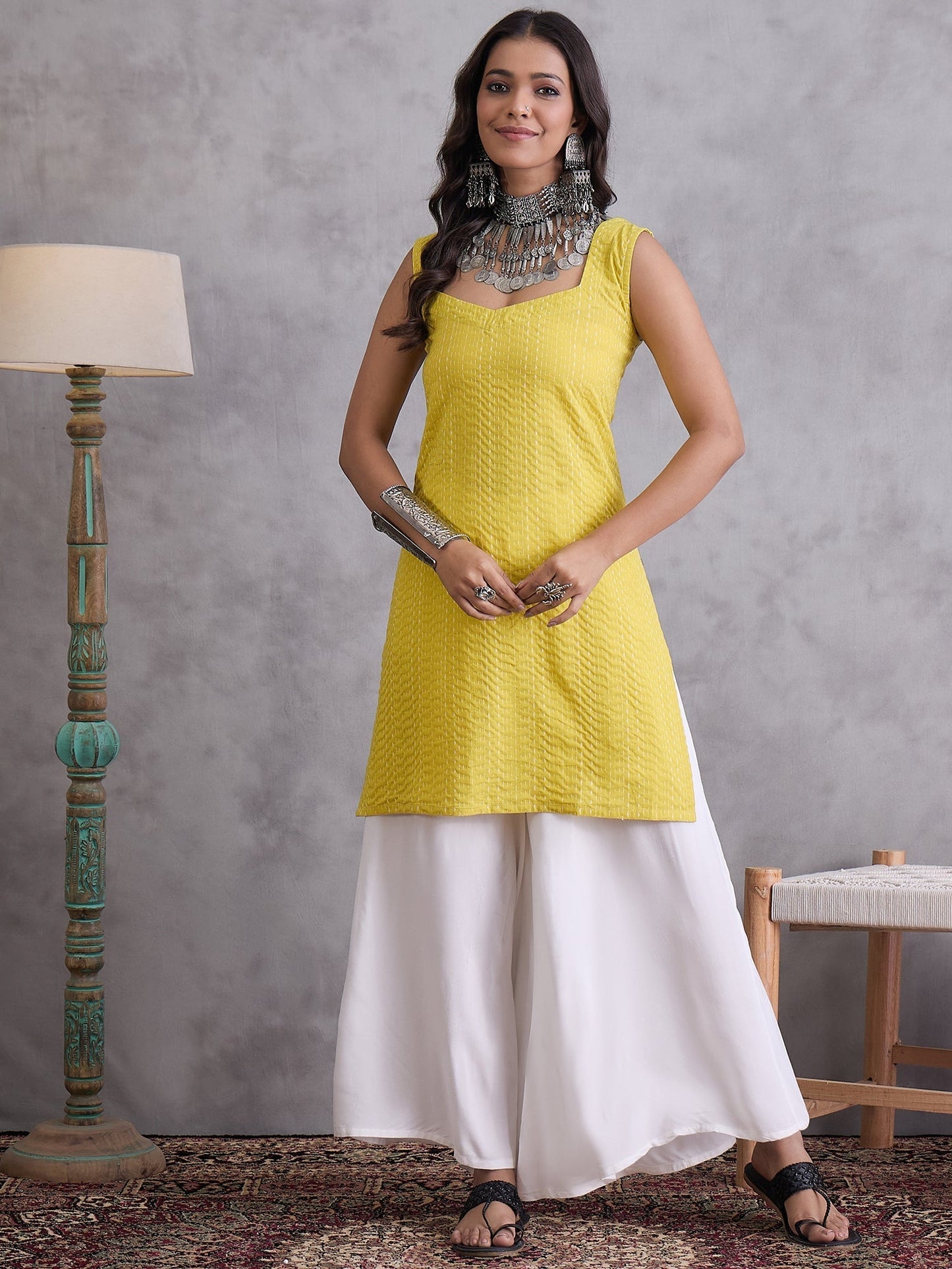 InWeave Yellow Kantha Cream Palazzo Set - Swadesiicart