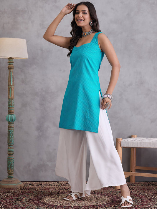 InWeave Cyan Blue Kantha Cream Palazzo Set - Swadesiicart
