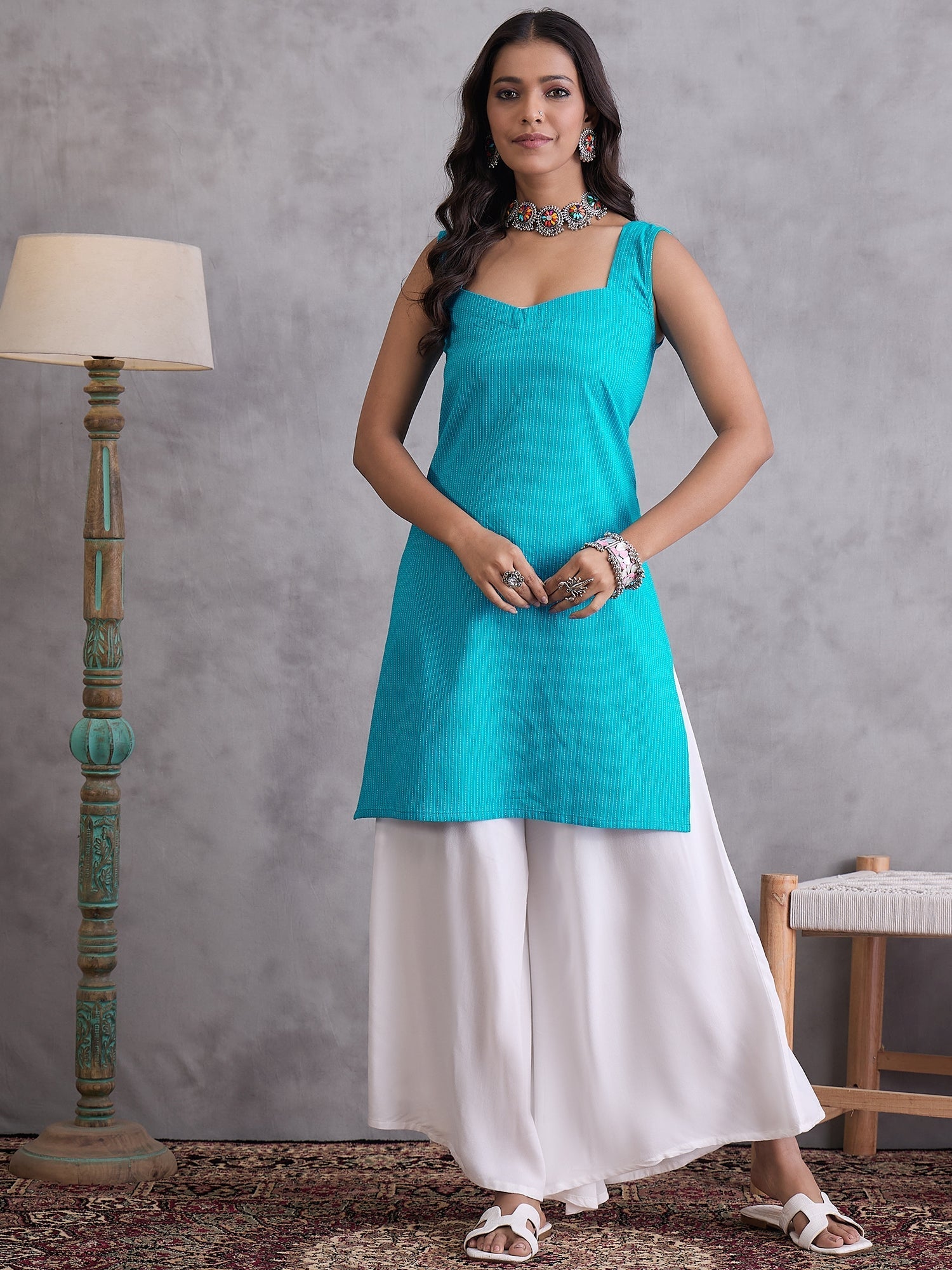 InWeave Cyan Blue Kantha Cream Palazzo Set - Swadesiicart