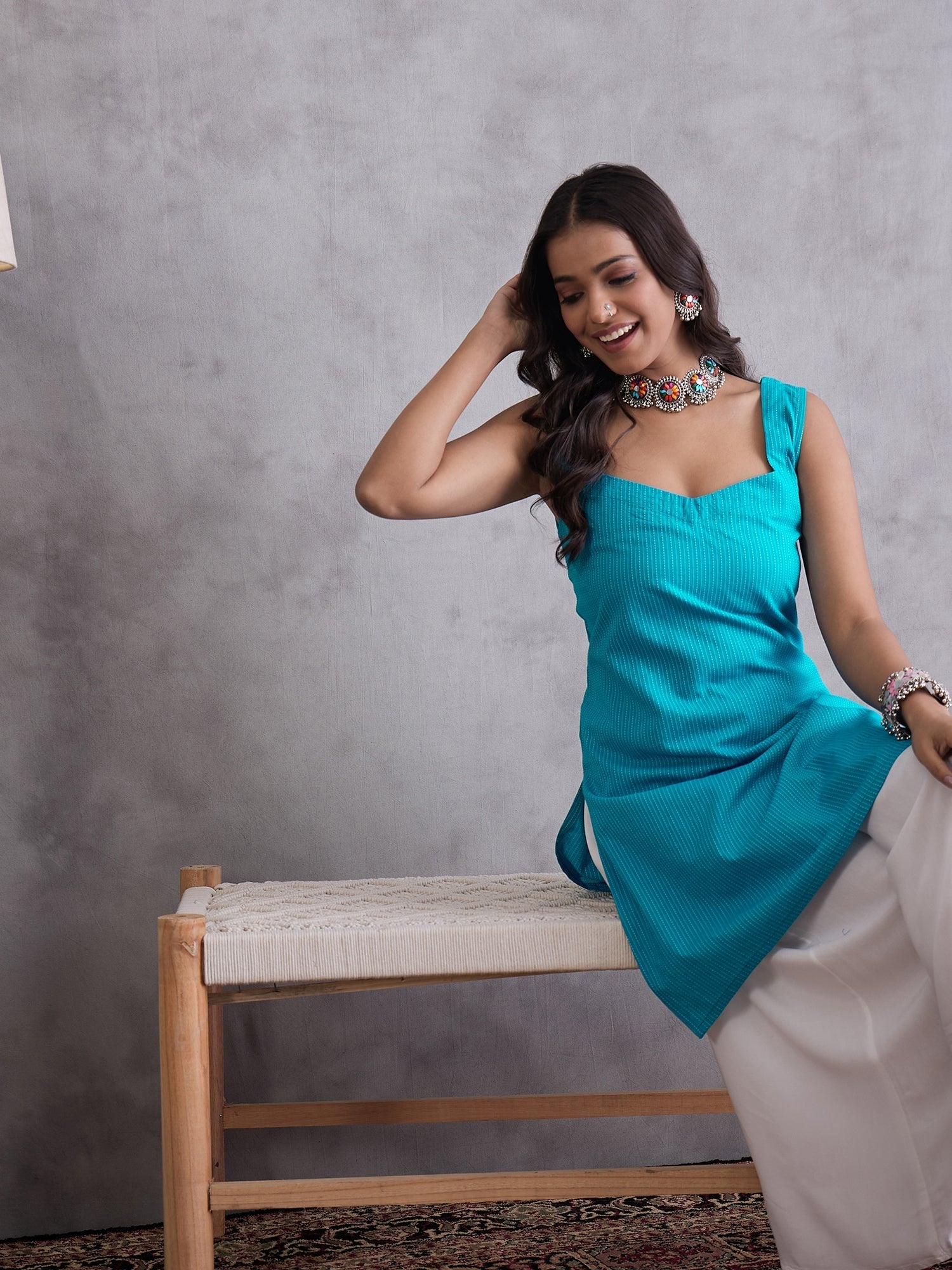 InWeave Cyan Blue Kantha Cream Palazzo Set - Swadesiicart