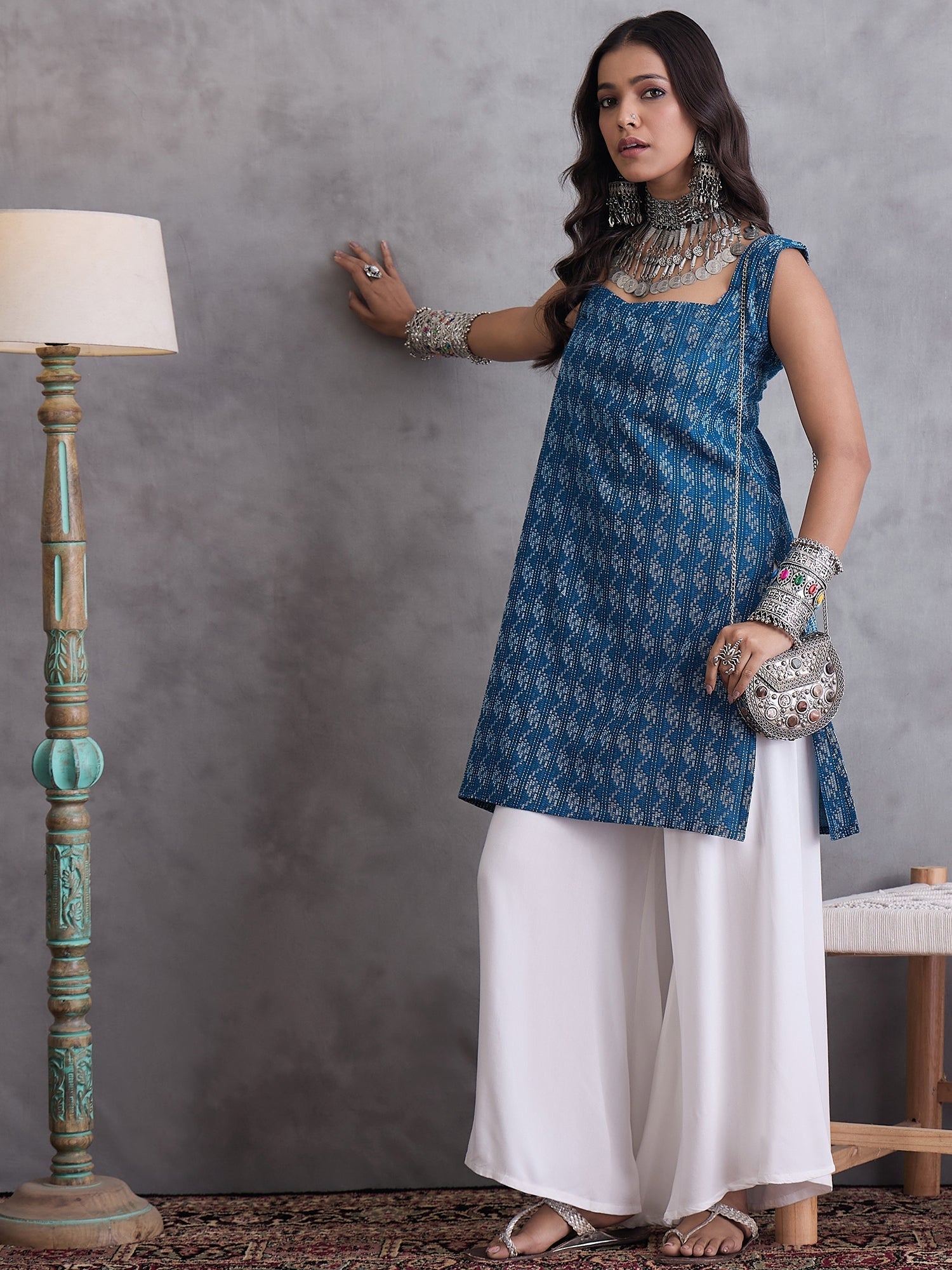 InWeave Blue Kantha Cream Palazzo Set - Swadesiicart