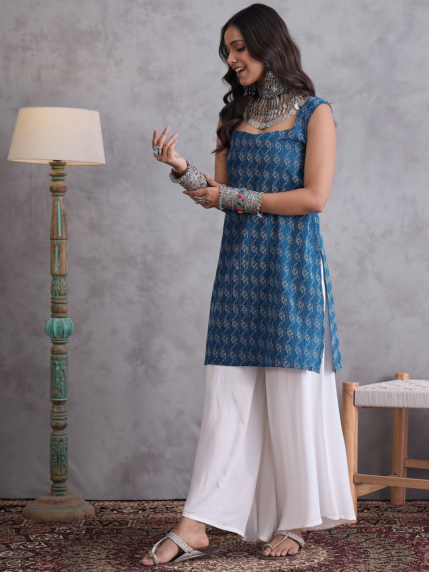 InWeave Blue Kantha Cream Palazzo Set - Swadesiicart