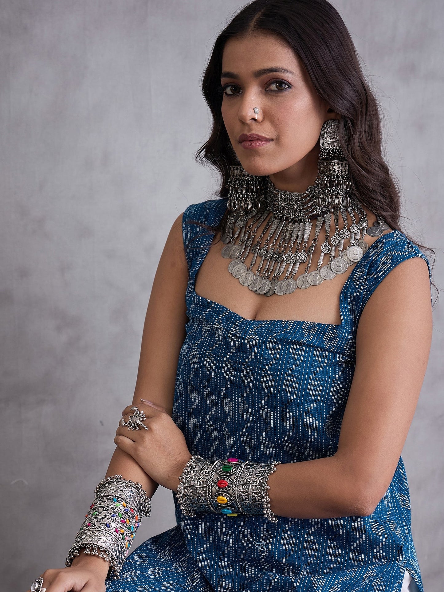 InWeave Blue Kantha Cream Palazzo Set - Swadesiicart