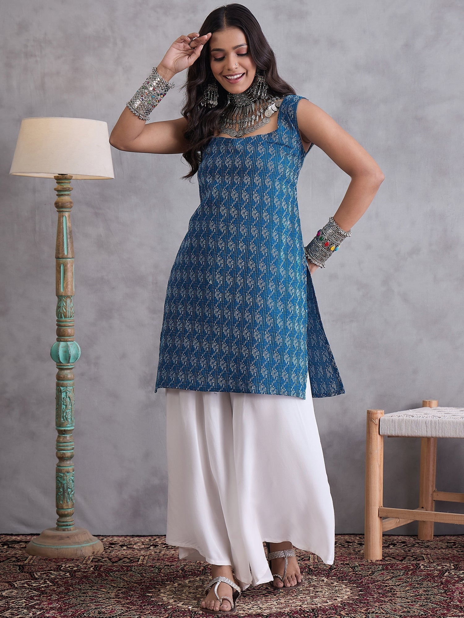 InWeave Blue Kantha Cream Palazzo Set - Swadesiicart