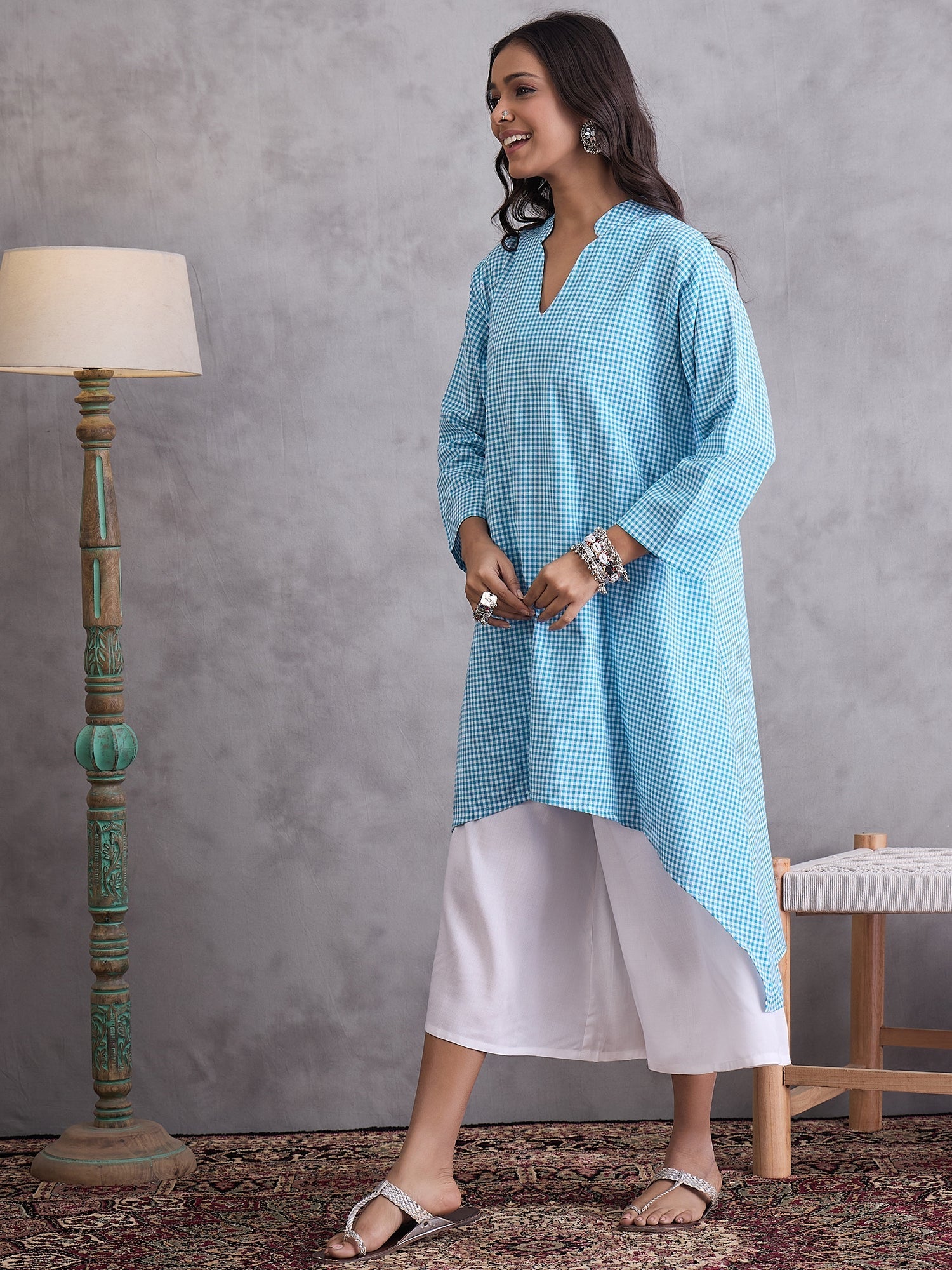 InWeave Cyan Blue Small Check Cream Palazzo Set - Swadesiicart