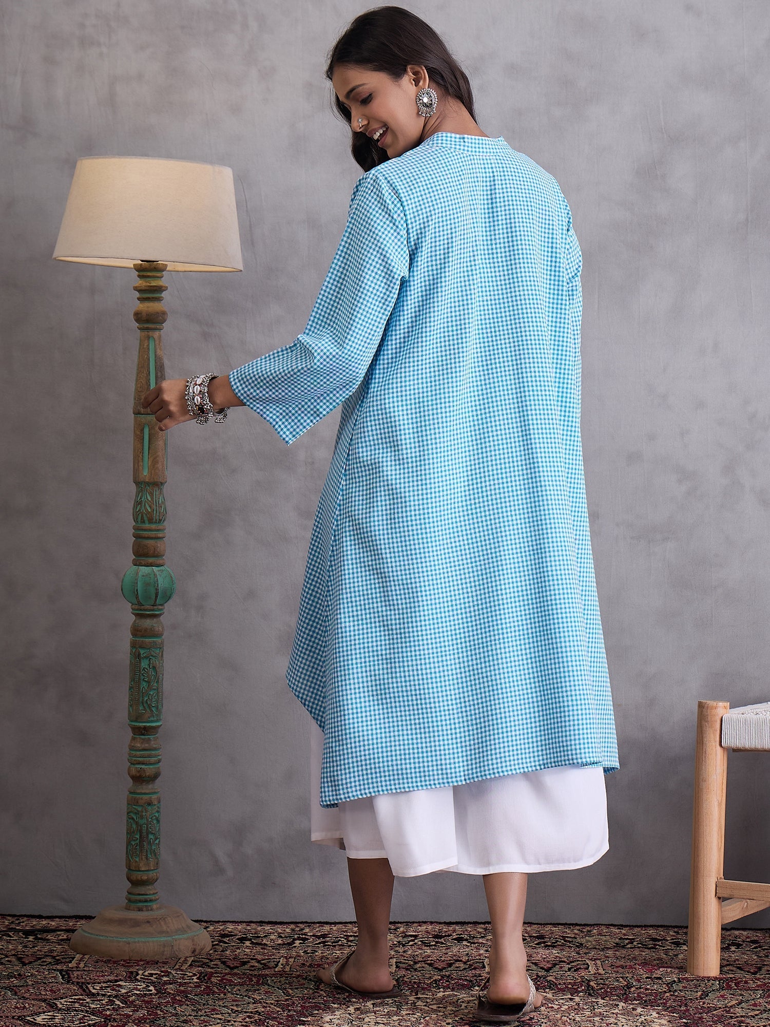 InWeave Cyan Blue Small Check Cream Palazzo Set - Swadesiicart