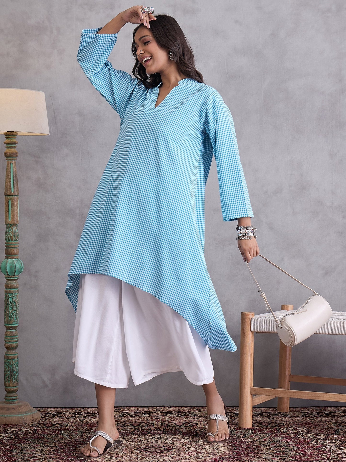 InWeave Cyan Blue Small Check Cream Palazzo Set - Swadesiicart