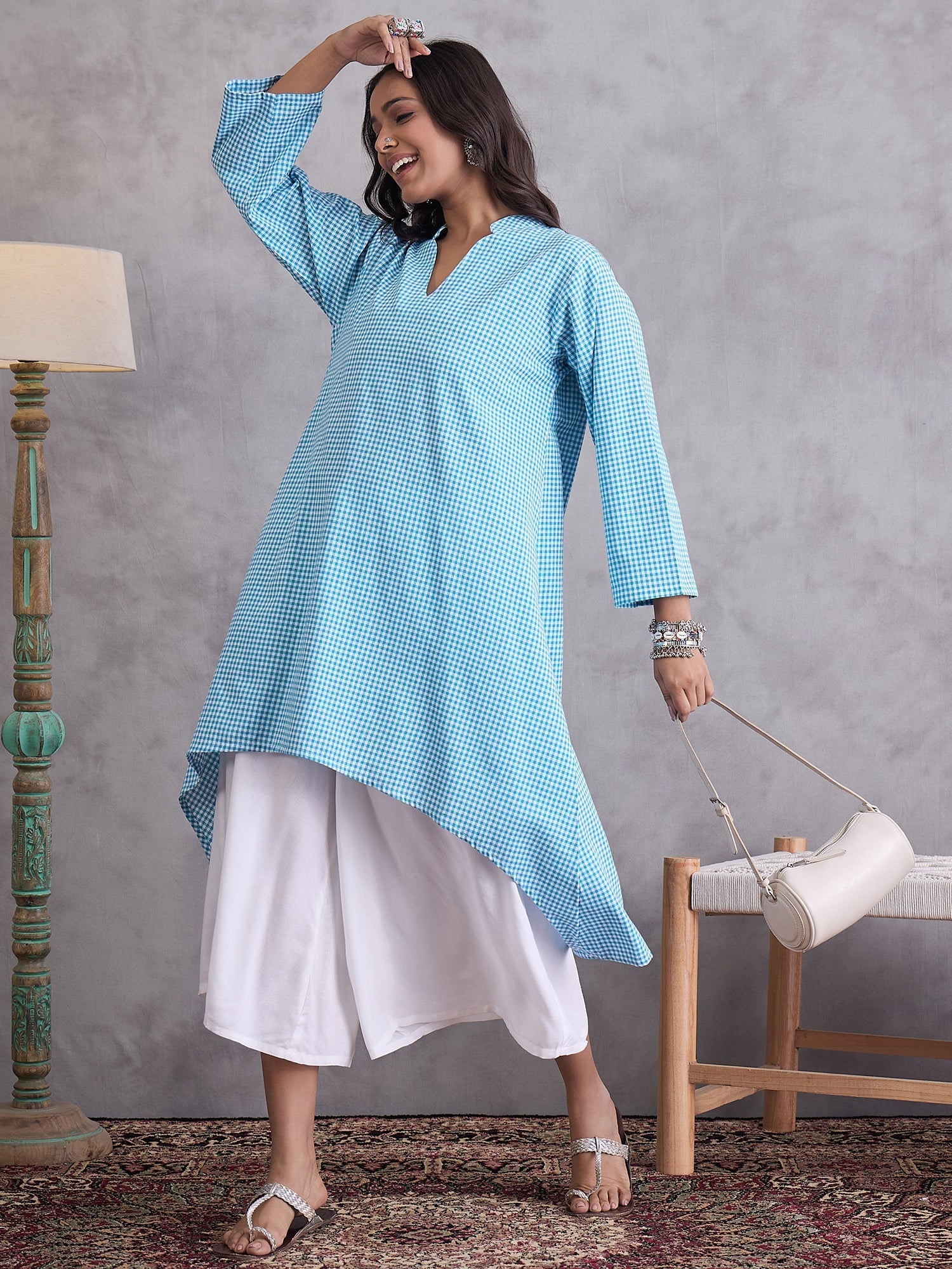 InWeave Cyan Blue Small Check Cream Palazzo Set - Swadesiicart