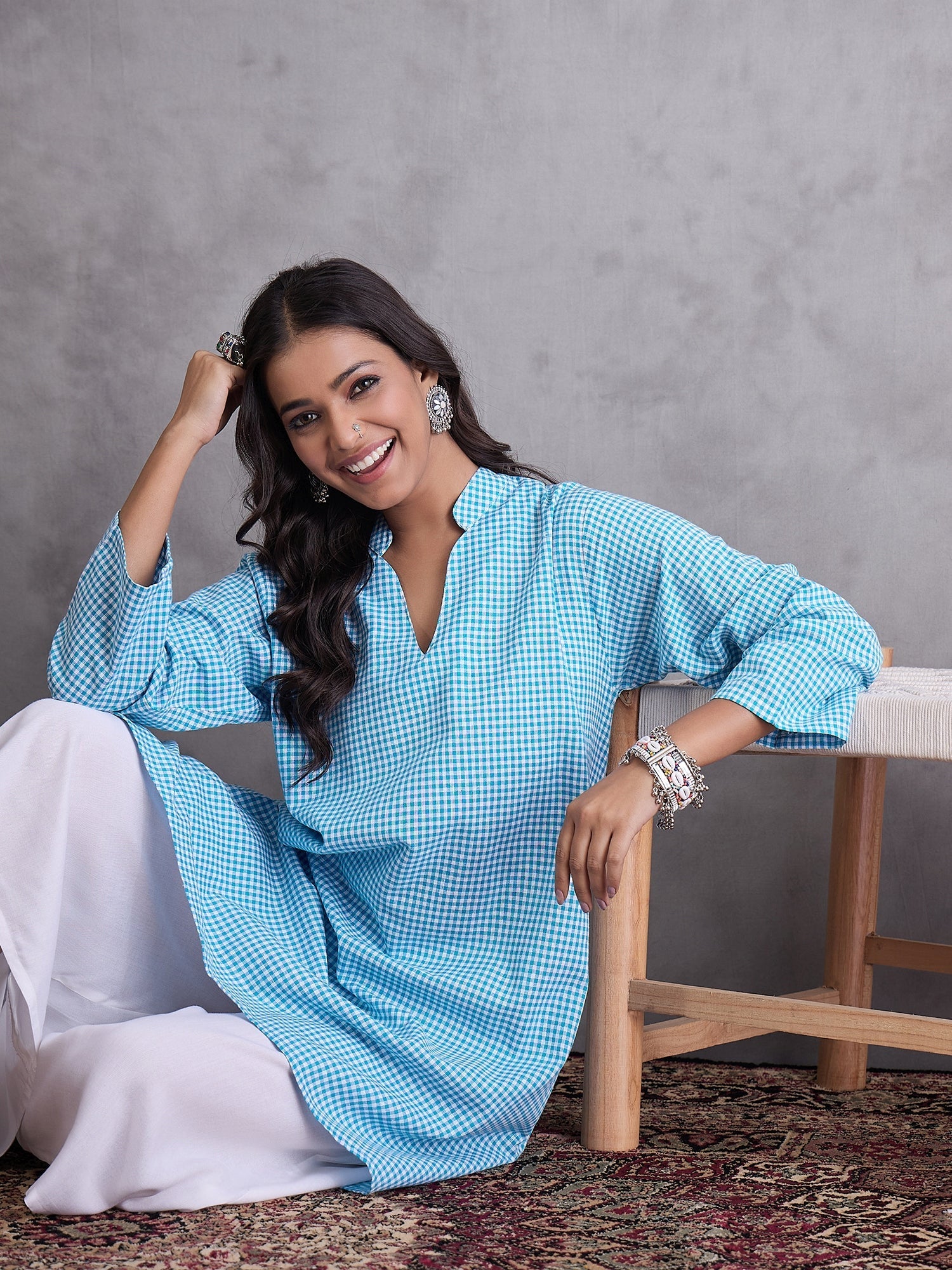 InWeave Cyan Blue Small Check Cream Palazzo Set - Swadesiicart