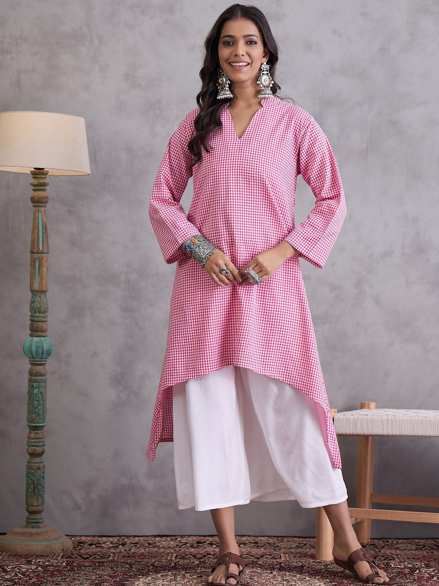 InWeave Pink Small Check Cream Palazzo Set - Swadesiicart