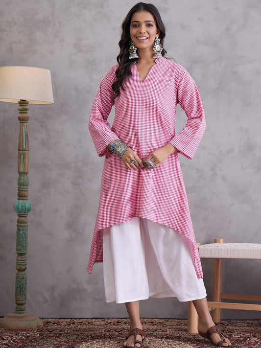 InWeave Pink Small Check Cream Palazzo Set - Swadesiicart