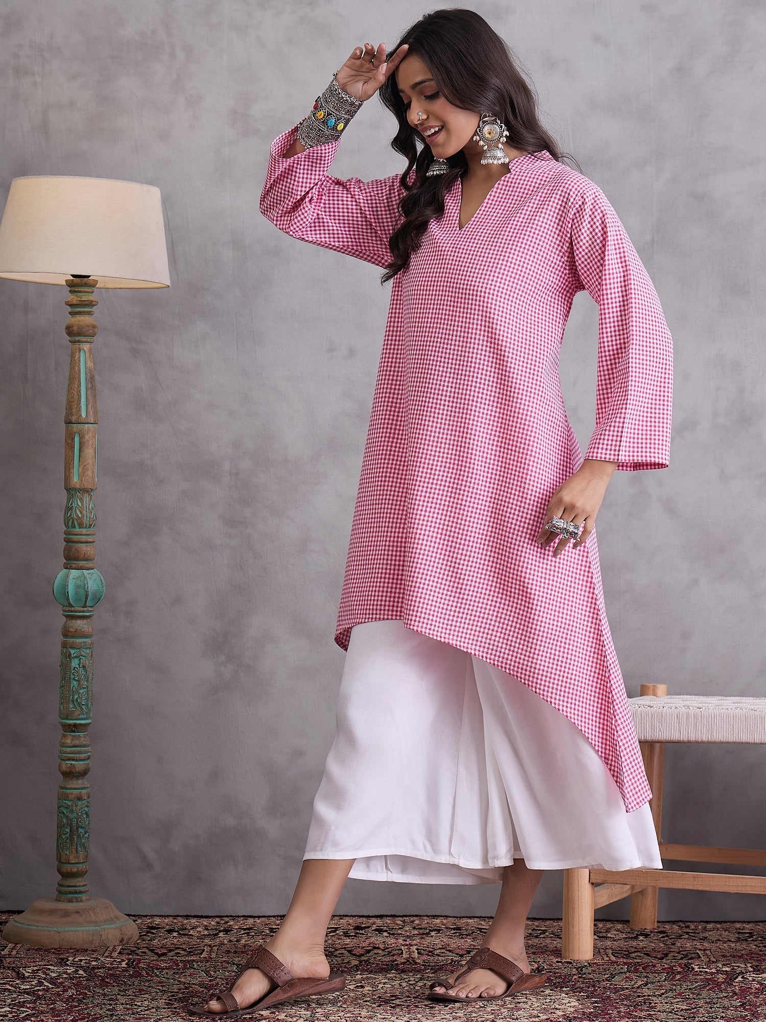 InWeave Pink Small Check Cream Palazzo Set - Swadesiicart