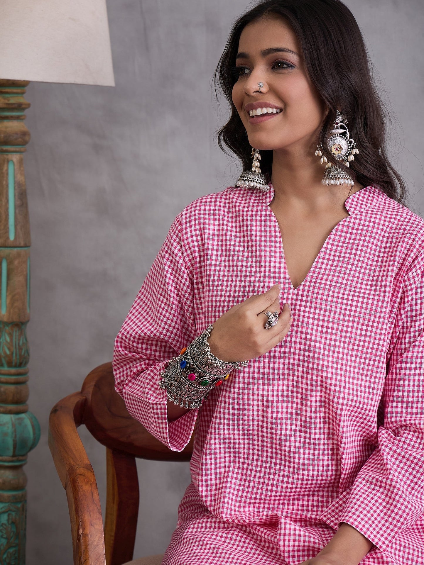 InWeave Pink Small Check Cream Palazzo Set - Swadesiicart