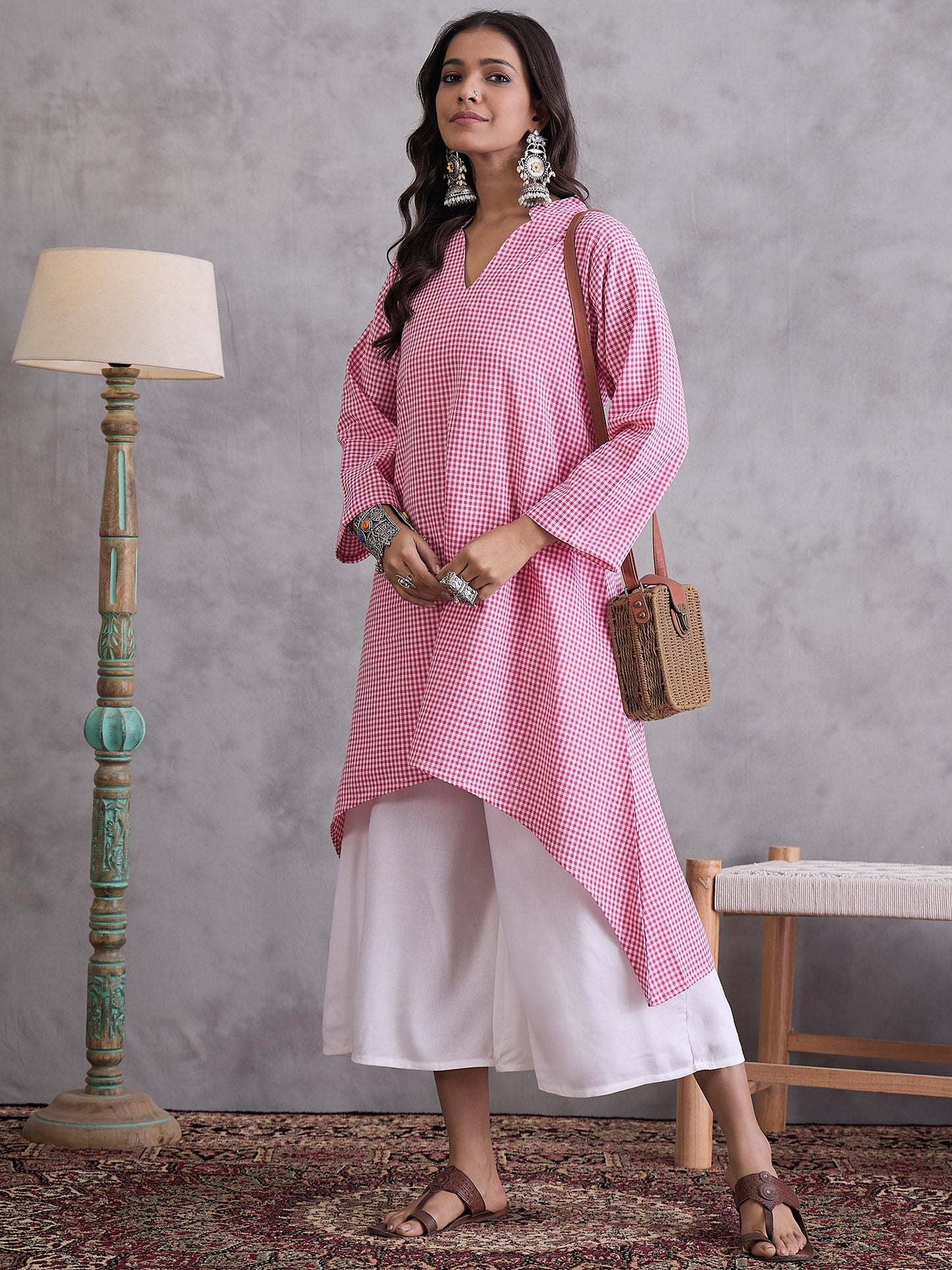 InWeave Pink Small Check Cream Palazzo Set - Swadesiicart